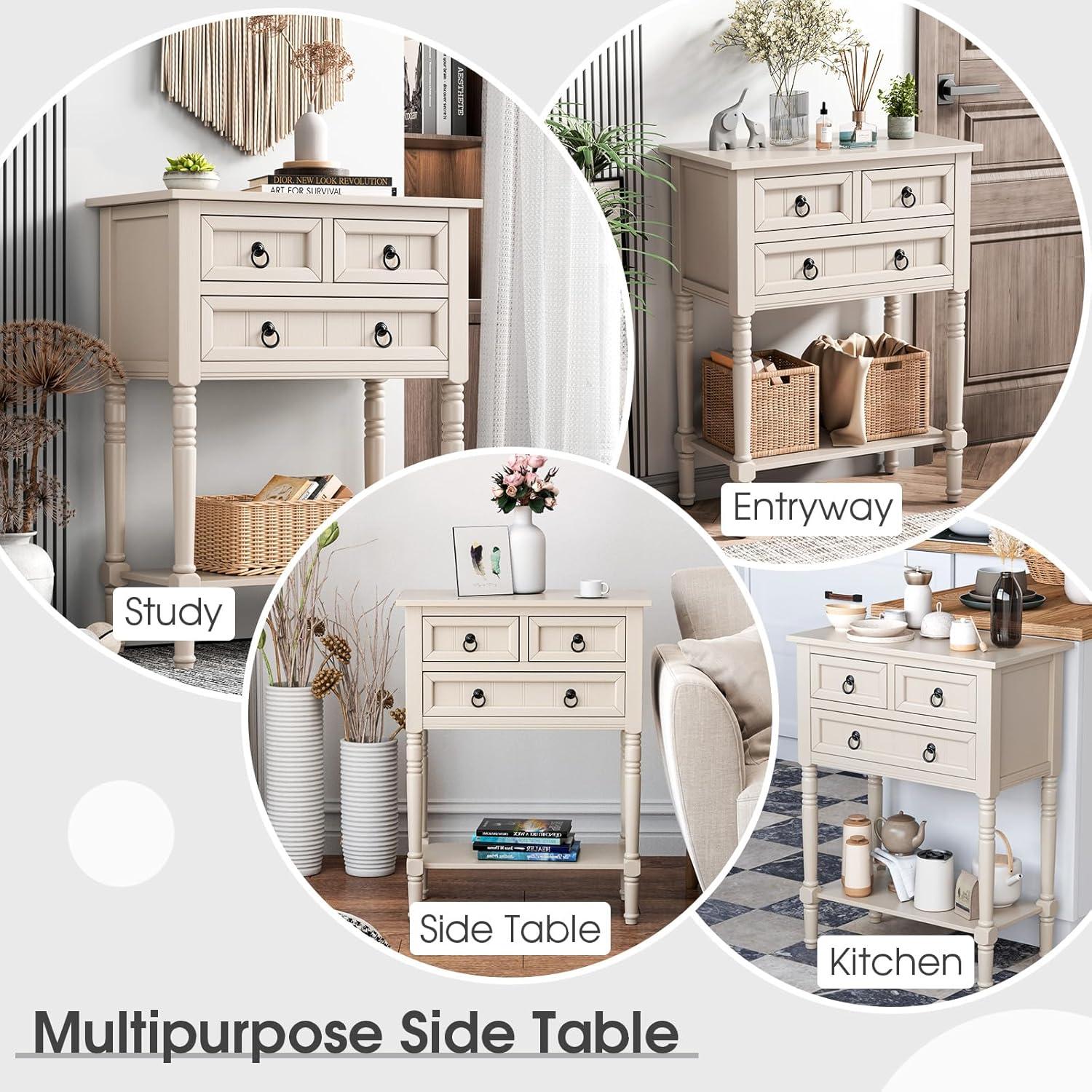 image:imageGiantex Entryway Table with Storage Rustic Small Console Table w 3 Drawers amp Open Bottom Shelf Skinny Wood Console Table Narrow Sofa Side Table for Living Room Foyer Hallway Entry Table BeigeBeige