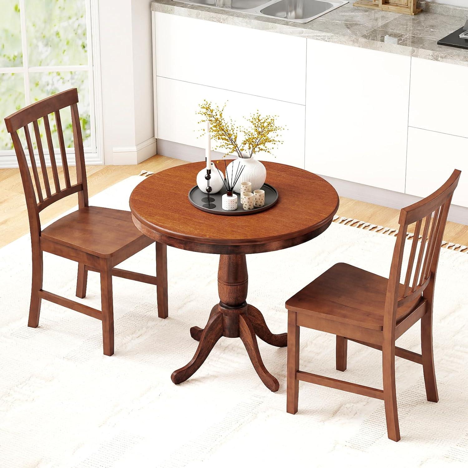 image:imageGiantex 3Piece Wood Dining Table Set Rustic Style Kitchen Table Set for 2Person Round Table with 2 Chairs Walnut Finish Furniture Set Dinette Set for Kitchen Dining Room Breakfast Nook