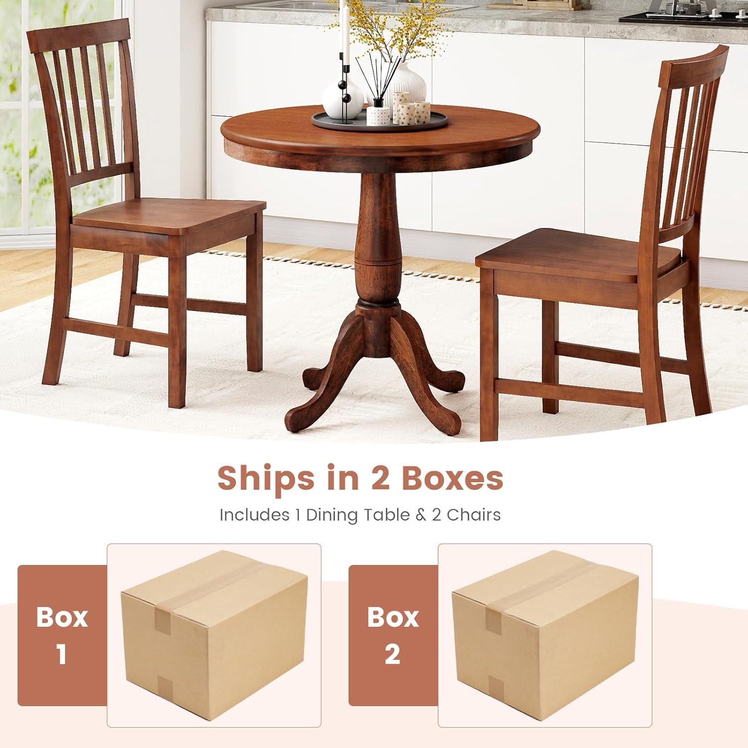 image:imageGiantex 3Piece Wood Dining Table Set Rustic Style Kitchen Table Set for 2Person Round Table with 2 Chairs Walnut Finish Furniture Set Dinette Set for Kitchen Dining Room Breakfast Nook