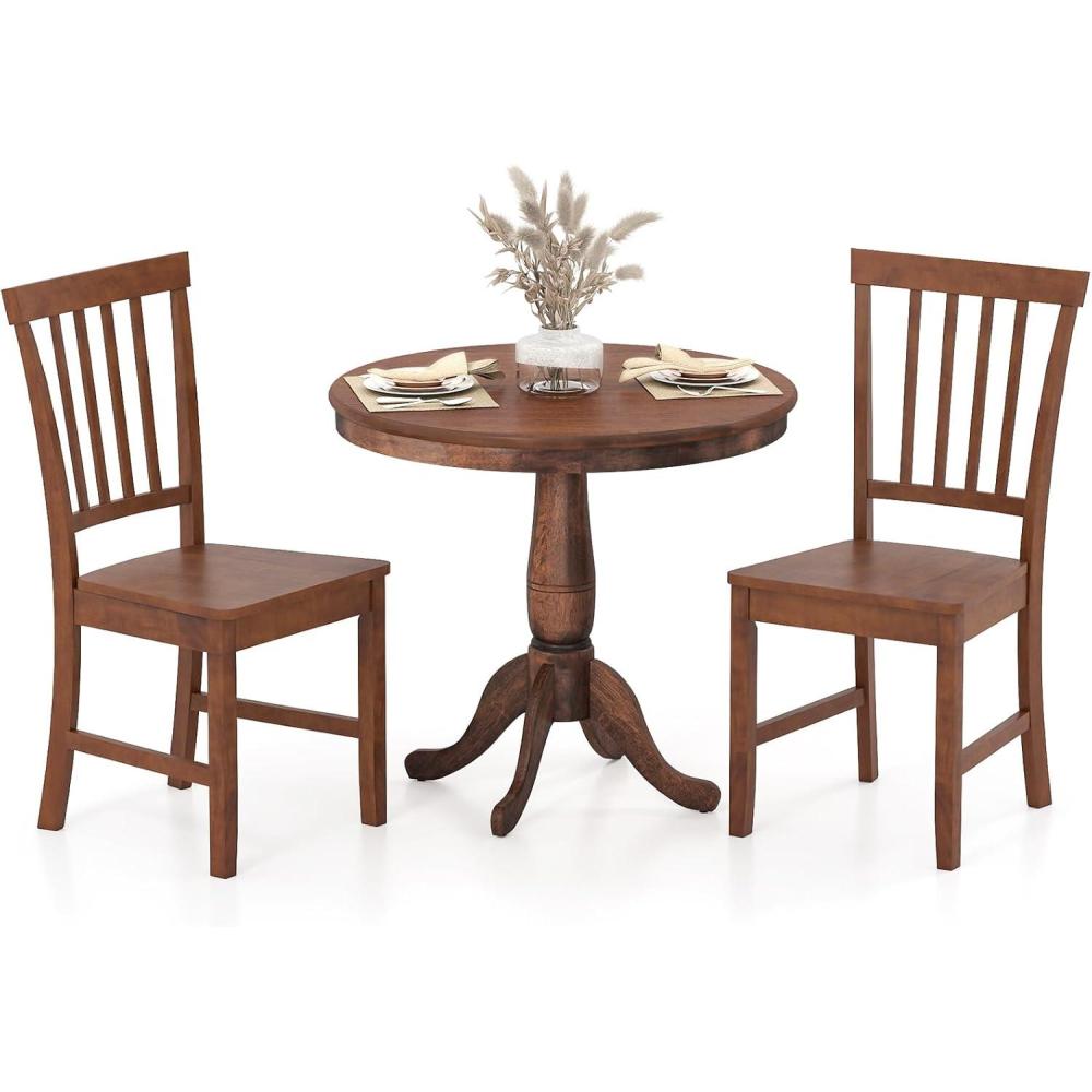 image:imageGiantex 3Piece Wood Dining Table Set Rustic Style Kitchen Table Set for 2Person Round Table with 2 Chairs Walnut Finish Furniture Set Dinette Set for Kitchen Dining Room Breakfast Nook