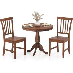 Giantex 3-Piece Wood Dining Table Set, Rustic Style Kitchen Table Set for 2-Person, Round Table with 2 Chairs, Walnut Finish Furniture Set Dinette Set for Kitchen, Dining Room, Breakfast Nook