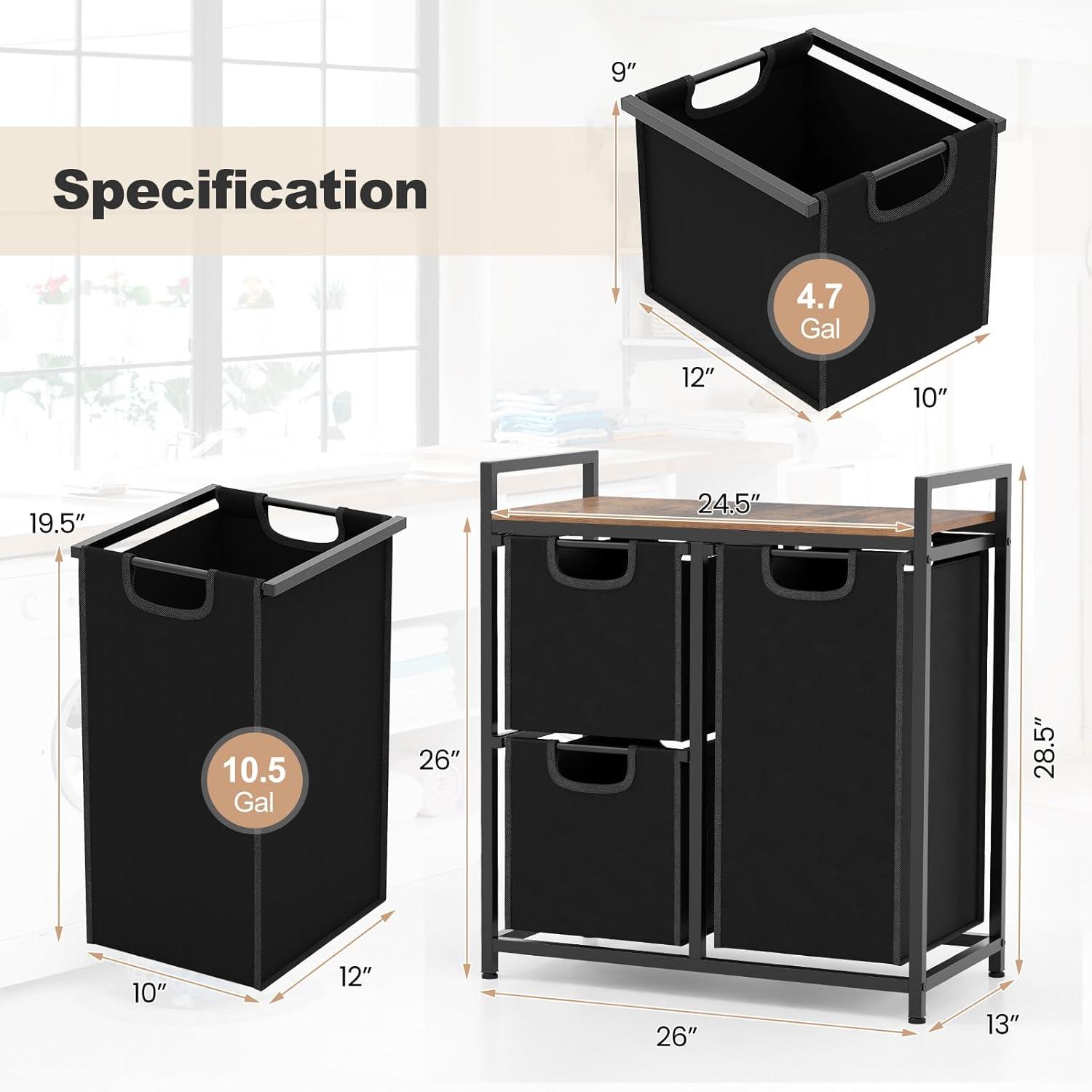 image:imageGiantex Laundry Hamper Laundry Basket Organizer with 3 PullOut Removable Bags Top Storage Shelf Metal Frame Laundry Sorter 3 Section for Laundry Room Bathroom Dorm Rustic Brown amp Black