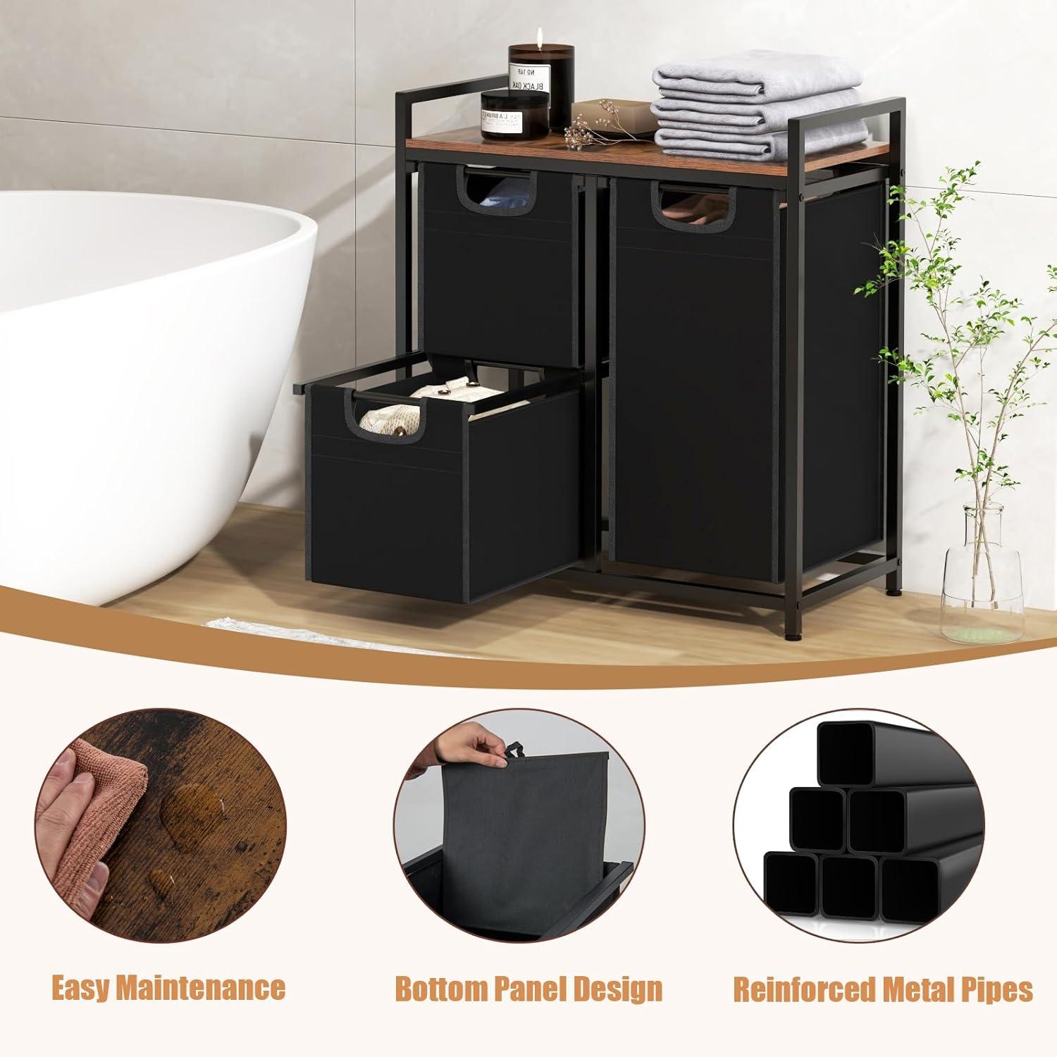 image:imageGiantex Laundry Hamper Laundry Basket Organizer with 3 PullOut Removable Bags Top Storage Shelf Metal Frame Laundry Sorter 3 Section for Laundry Room Bathroom Dorm Rustic Brown amp Black