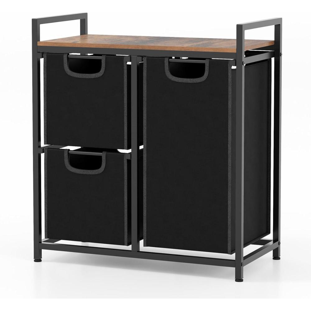 image:imageGiantex Laundry Hamper Laundry Basket Organizer with 3 PullOut Removable Bags Top Storage Shelf Metal Frame Laundry Sorter 3 Section for Laundry Room Bathroom Dorm Rustic Brown amp Black