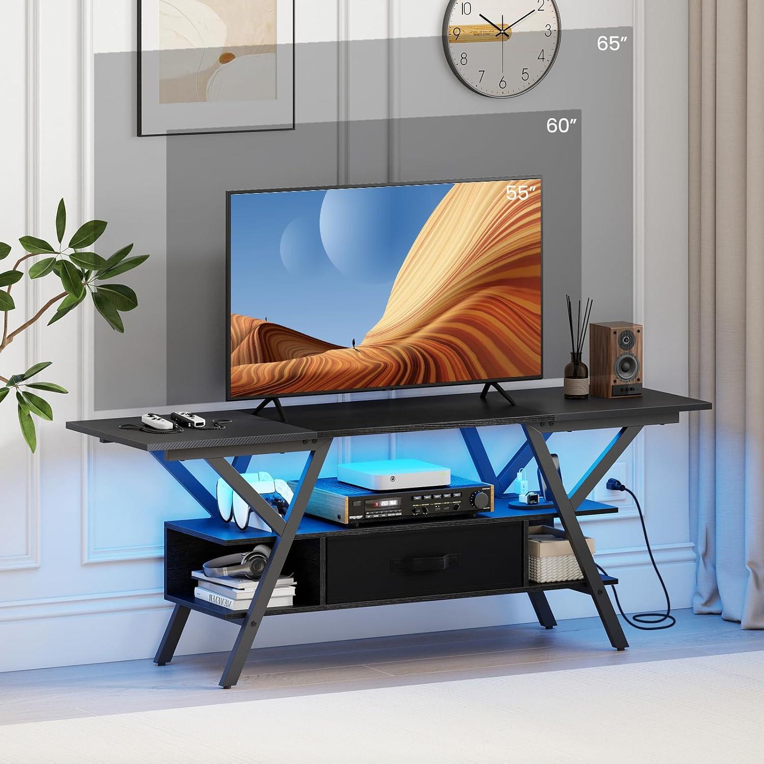 image:imageGiantex TV Stand with Power Outlets for 5565 Inch TV 3Tier Entertainment Center wLED Lights amp Remote Media Console Table wStorage Shelves amp Fabric Drawer for Living Room Rustic Brown BlackBlack