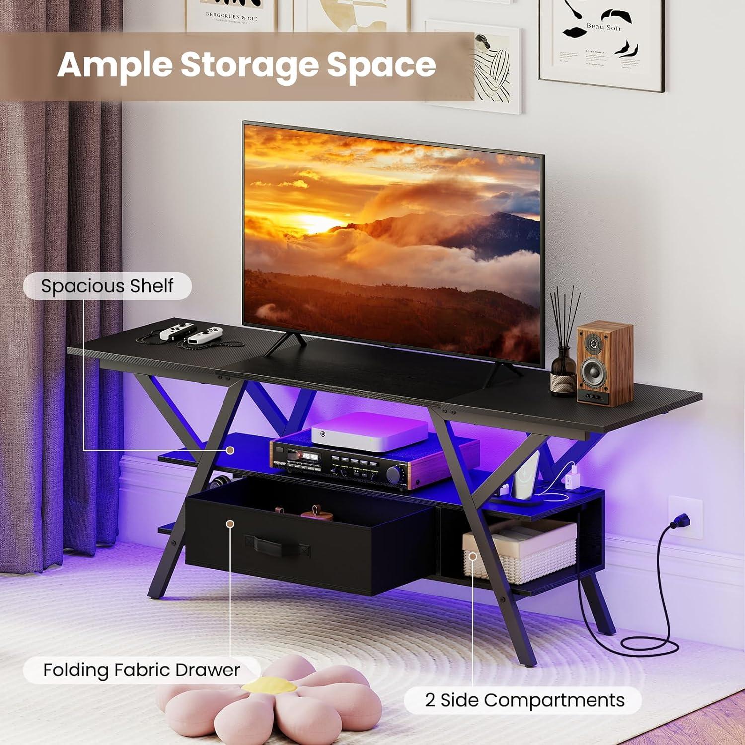 image:imageGiantex TV Stand with Power Outlets for 5565 Inch TV 3Tier Entertainment Center wLED Lights amp Remote Media Console Table wStorage Shelves amp Fabric Drawer for Living Room Rustic Brown BlackBlack