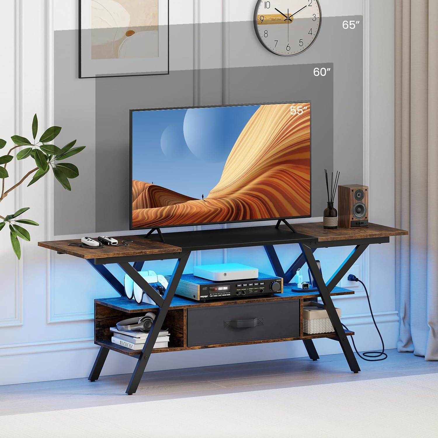 image:imageGiantex TV Stand with Power Outlets for 5565 Inch TV 3Tier Entertainment Center wLED Lights amp Remote Media Console Table wStorage Shelves amp Fabric Drawer for Living Room Rustic Brown BlackRustic Brown Black