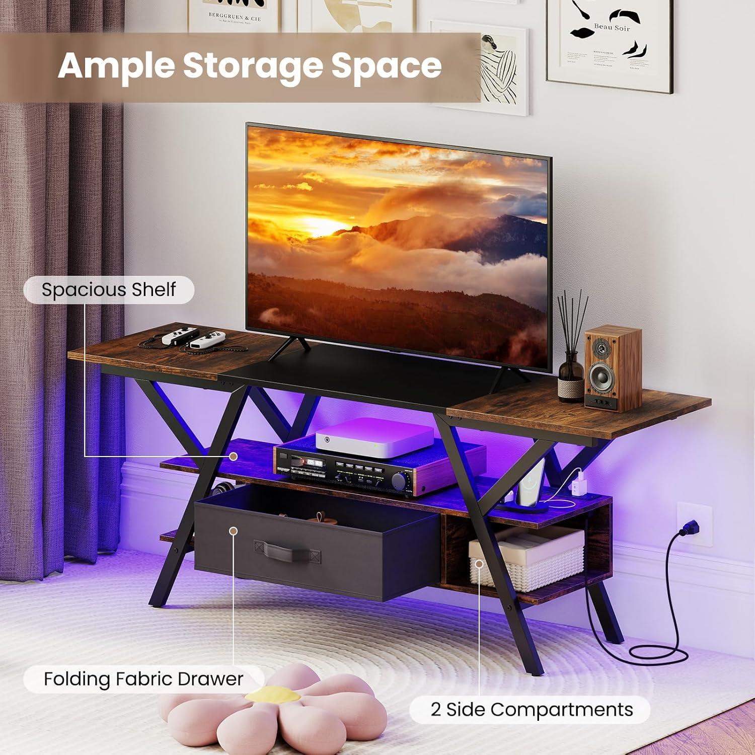 image:imageGiantex TV Stand with Power Outlets for 5565 Inch TV 3Tier Entertainment Center wLED Lights amp Remote Media Console Table wStorage Shelves amp Fabric Drawer for Living Room Rustic Brown BlackRustic Brown Black