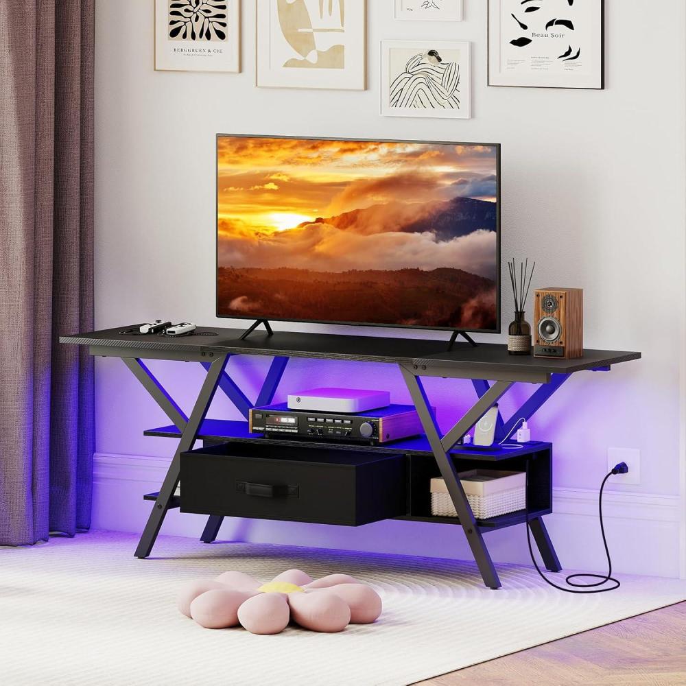 image:imageGiantex TV Stand with Power Outlets for 5565 Inch TV 3Tier Entertainment Center wLED Lights amp Remote Media Console Table wStorage Shelves amp Fabric Drawer for Living Room Rustic Brown BlackBlack