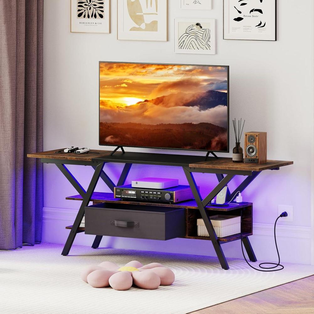 image:imageGiantex TV Stand with Power Outlets for 5565 Inch TV 3Tier Entertainment Center wLED Lights amp Remote Media Console Table wStorage Shelves amp Fabric Drawer for Living Room Rustic Brown BlackRustic Brown Black