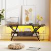 Giantex TV Stand with Power Outlets for 55-65 Inch TV, 3-Tier Entertainment Center w/LED Lights & Remote, Media Console Table w/Storage Shelves & Fabric Drawer for Living Room, Rustic Brown + Black(Rustic Brown + Black)
