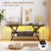 Giantex TV Stand with Power Outlets for 55-65 Inch TV, 3-Tier Entertainment Center w/LED Lights & Remote, Media Console Table w/Storage Shelves & Fabric Drawer for Living Room, Rustic Brown + Black(Rustic Brown + Black)