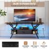 Giantex TV Stand with Power Outlets for 55-65 Inch TV, 3-Tier Entertainment Center w/LED Lights & Remote, Media Console Table w/Storage Shelves & Fabric Drawer for Living Room, Rustic Brown + Black(Rustic Brown + Black)