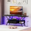 Giantex TV Stand with Power Outlets for 55-65 Inch TV, 3-Tier Entertainment Center w/LED Lights & Remote, Media Console Table w/Storage Shelves & Fabric Drawer for Living Room, Rustic Brown + Black(Black)