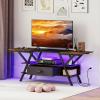 Giantex TV Stand with Power Outlets for 55-65 Inch TV, 3-Tier Entertainment Center w/LED Lights & Remote, Media Console Table w/Storage Shelves & Fabric Drawer for Living Room, Rustic Brown + Black(Rustic Brown + Black)