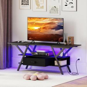 Giantex TV Stand with Power Outlets for 55-65 Inch TV, 3-Tier Entertainment Center w/LED Lights & Remote, Media Console Table w/Storage Shelves & Fabric Drawer for Living Room, Rustic Brown + Black(Black)