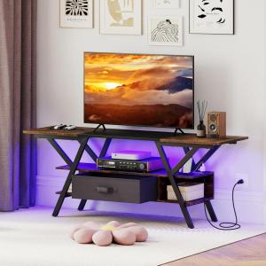 Giantex TV Stand with Power Outlets for 55-65 Inch TV, 3-Tier Entertainment Center w/LED Lights & Remote, Media Console Table w/Storage Shelves & Fabric Drawer for Living Room, Rustic Brown + Black(Rustic Brown + Black)