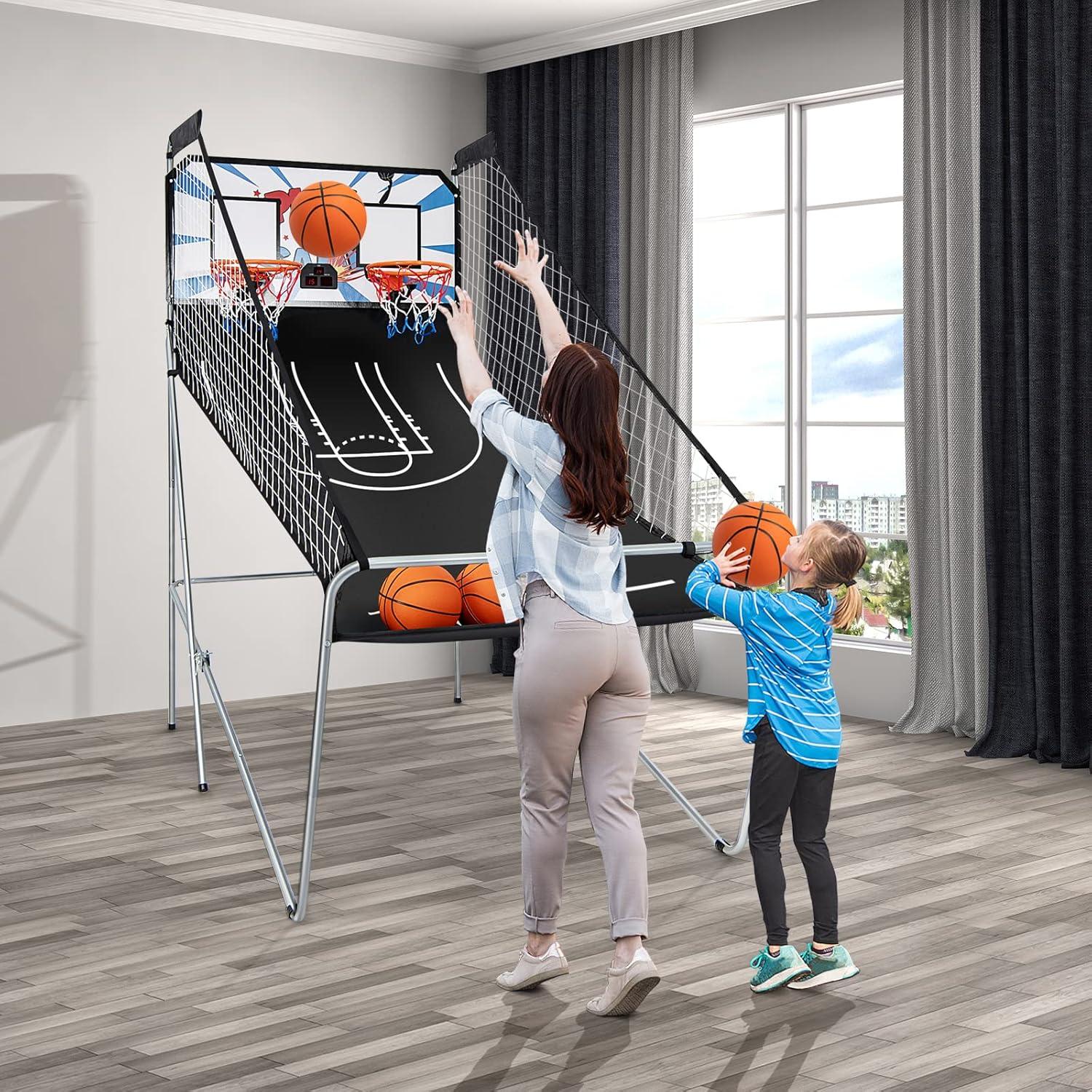 image:imageGiantex Foldable Basketball Arcade Game 8 Game Options Electronic Double Shot 2 Player w 4 Balls and LED Scoring System Indoor Basketball Game for Kids AdultsWhite
