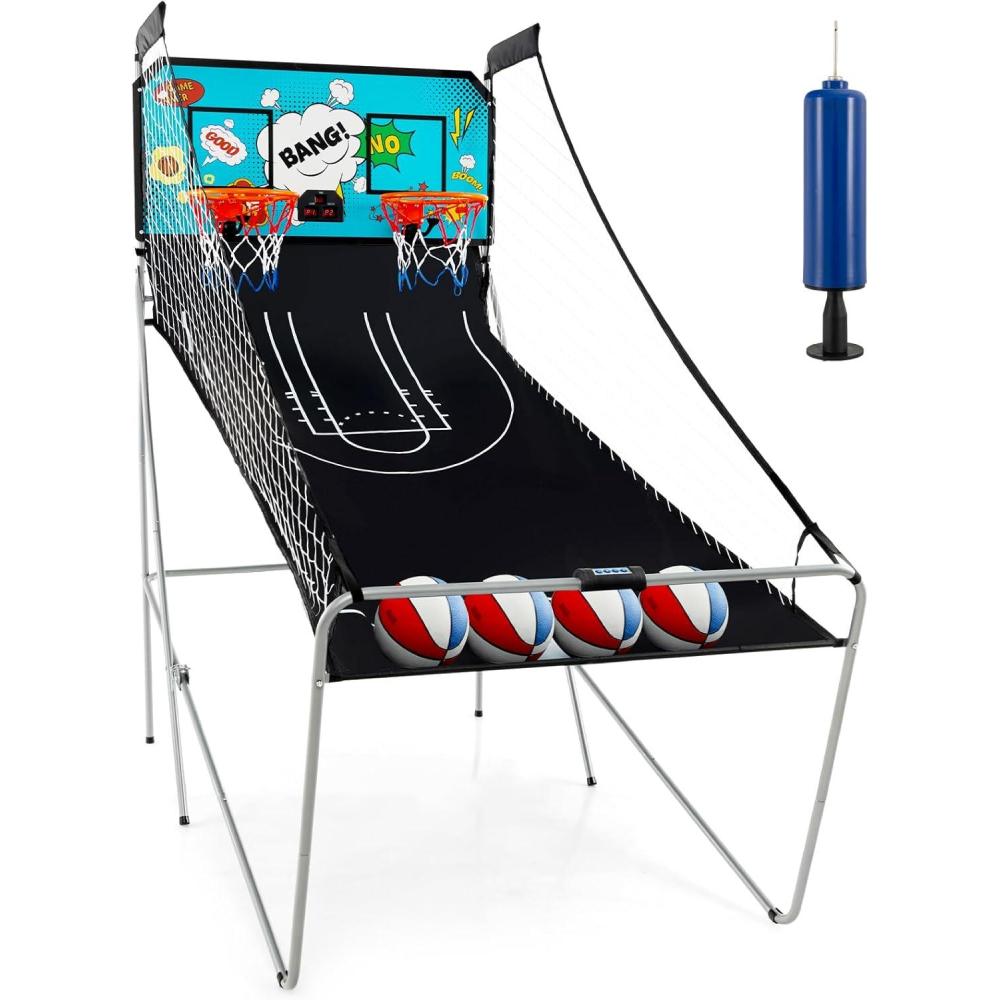 image:imageGiantex Foldable Basketball Arcade Game 8 Game Options Electronic Double Shot 2 Player w 4 Balls and LED Scoring System Indoor Basketball Game for Kids AdultsBlue