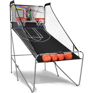 Giantex Foldable Basketball Arcade Game, 8 Game Options, Electronic Double Shot 2 Player w/ 4 Balls and LED Scoring System, Indoor Basketball Game for Kids, Adults(Black & Silver)
