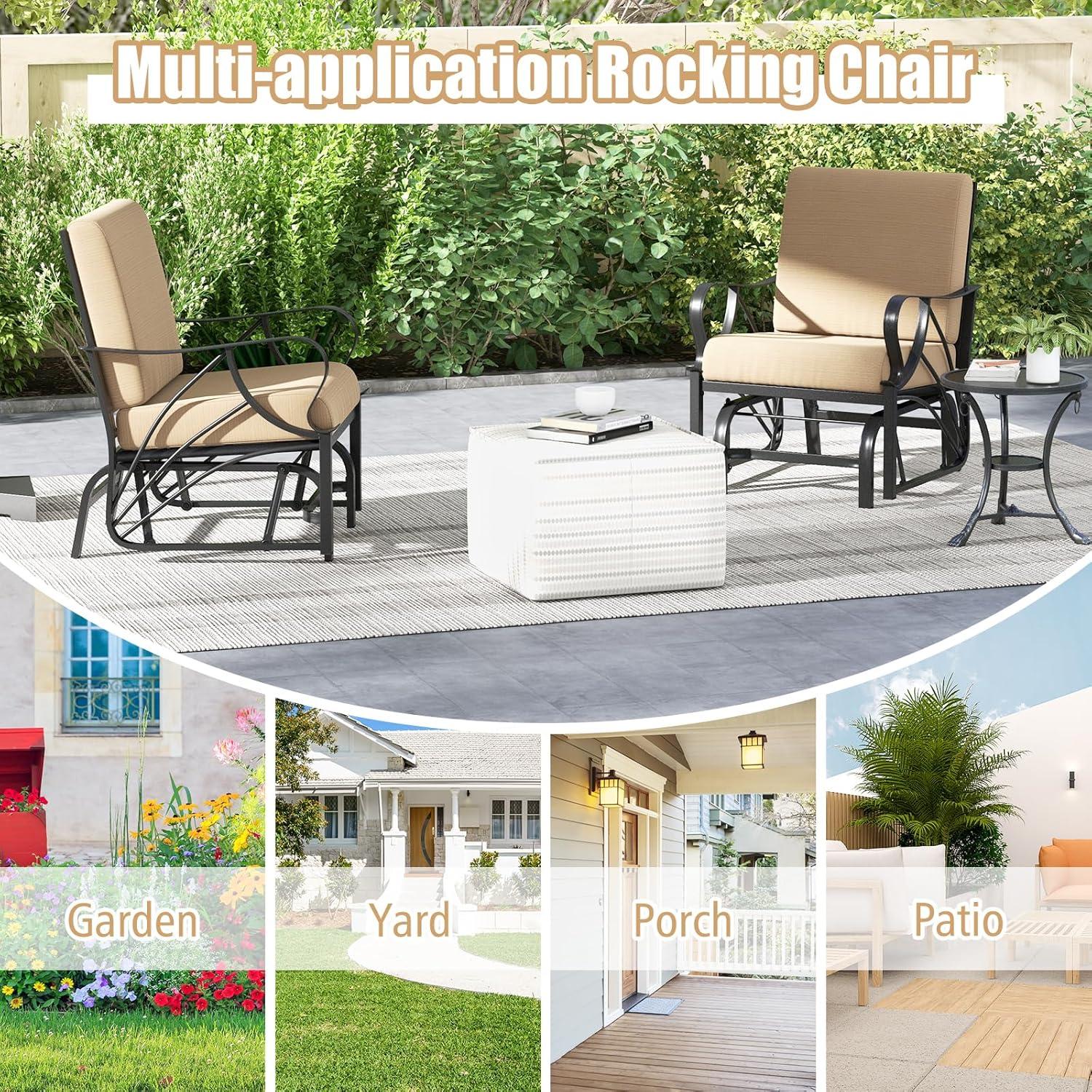 image:imageGiantex 2Pack Outdoor Glider Patio Rocking Chair with Thick Cushion Sturdy Metal Frame Curved Armrest Ergonomic Design SinglePerson Glider Chair for Garden Yard Porch Rocker BlackBeige