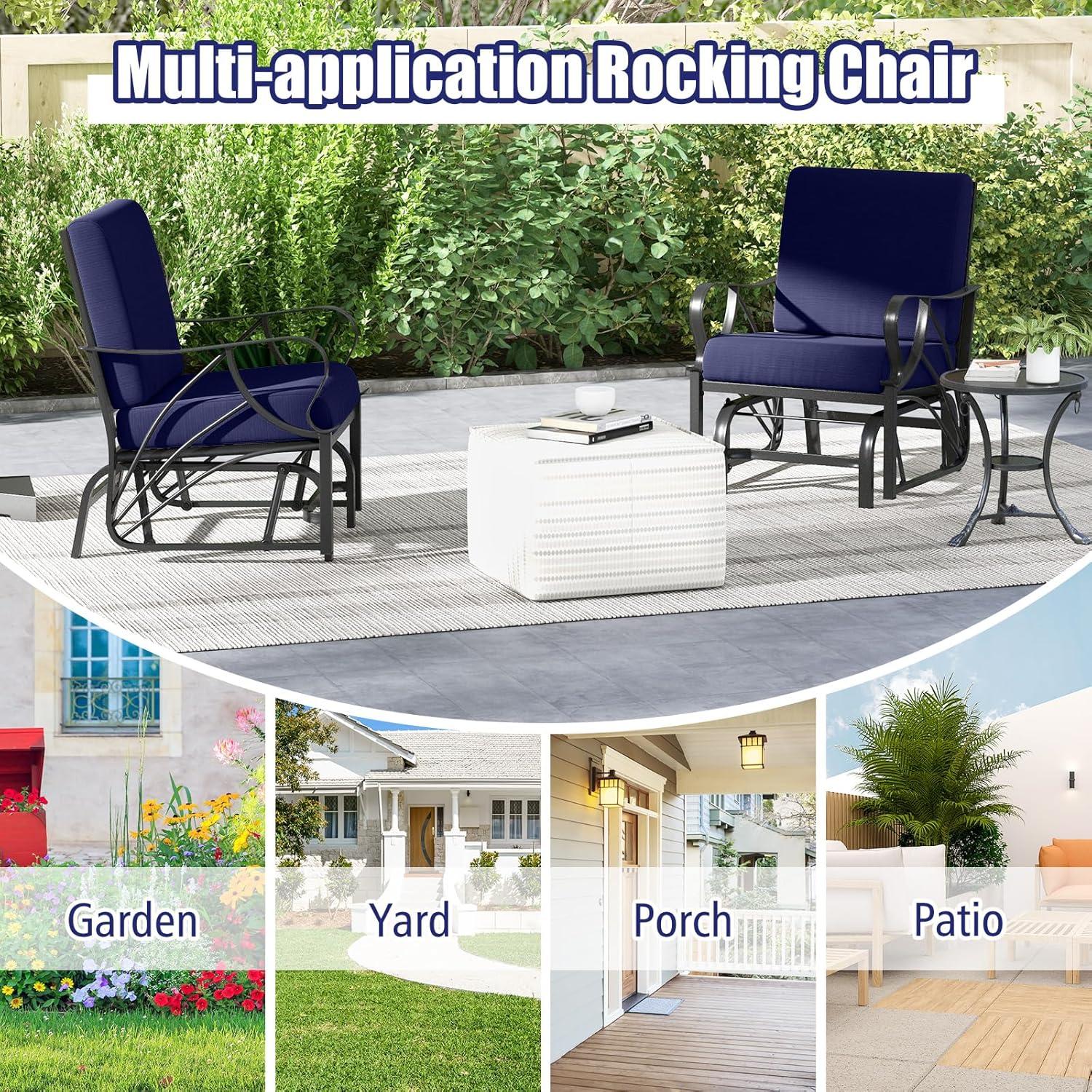 image:imageGiantex 2Pack Outdoor Glider Patio Rocking Chair with Thick Cushion Sturdy Metal Frame Curved Armrest Ergonomic Design SinglePerson Glider Chair for Garden Yard Porch Rocker BlackNavy
