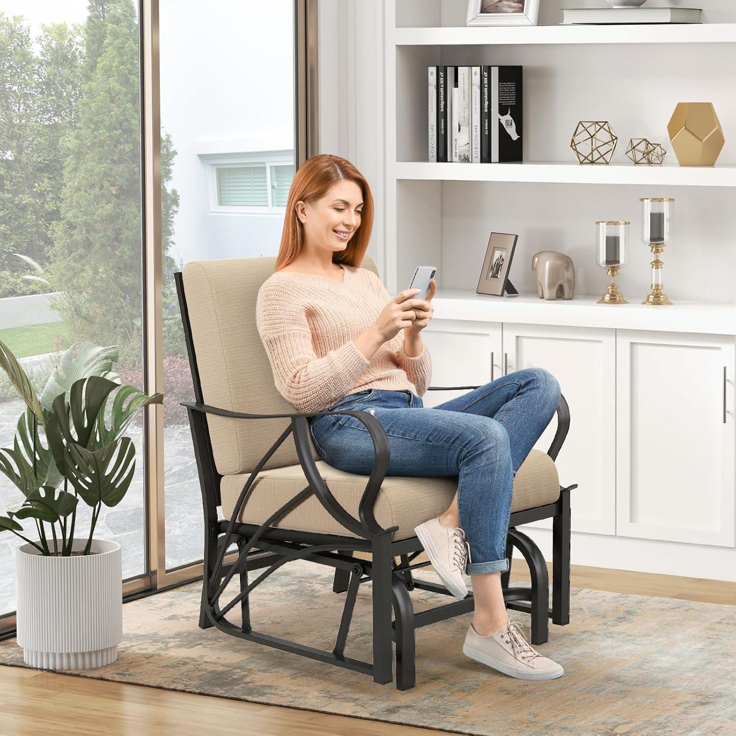 image:imageGiantex 2Pack Outdoor Glider Patio Rocking Chair with Thick Cushion Sturdy Metal Frame Curved Armrest Ergonomic Design SinglePerson Glider Chair for Garden Yard Porch Rocker BlackBeige