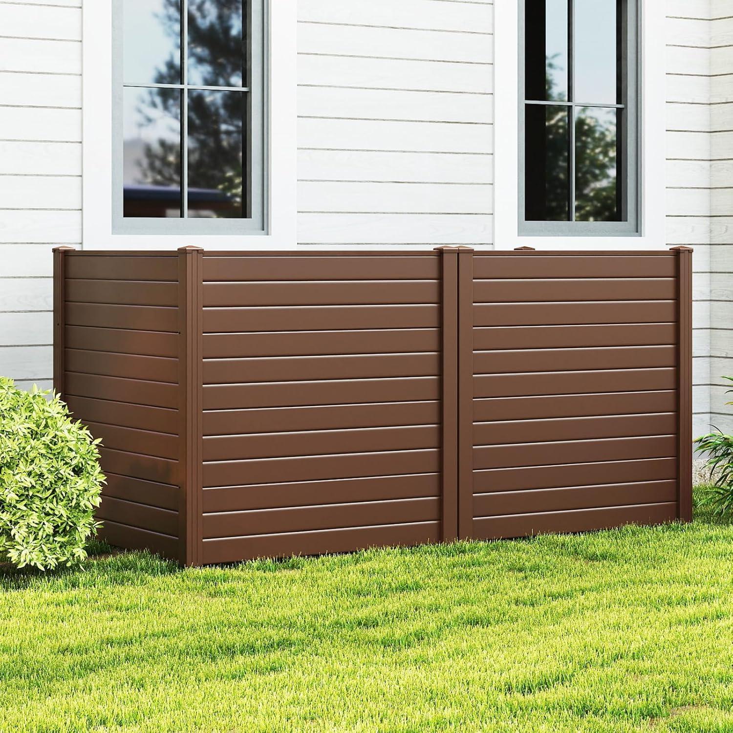 image:imageGiantex 3 Panels Air Conditioner Fence 48W x 36H Outdoor Privacy Screen with Metal Stakes NoDig Decorative Trash Can Enclosure PP Freestanding Fences for Garden Lawn AC Unit Pool Pump WhiteBrown