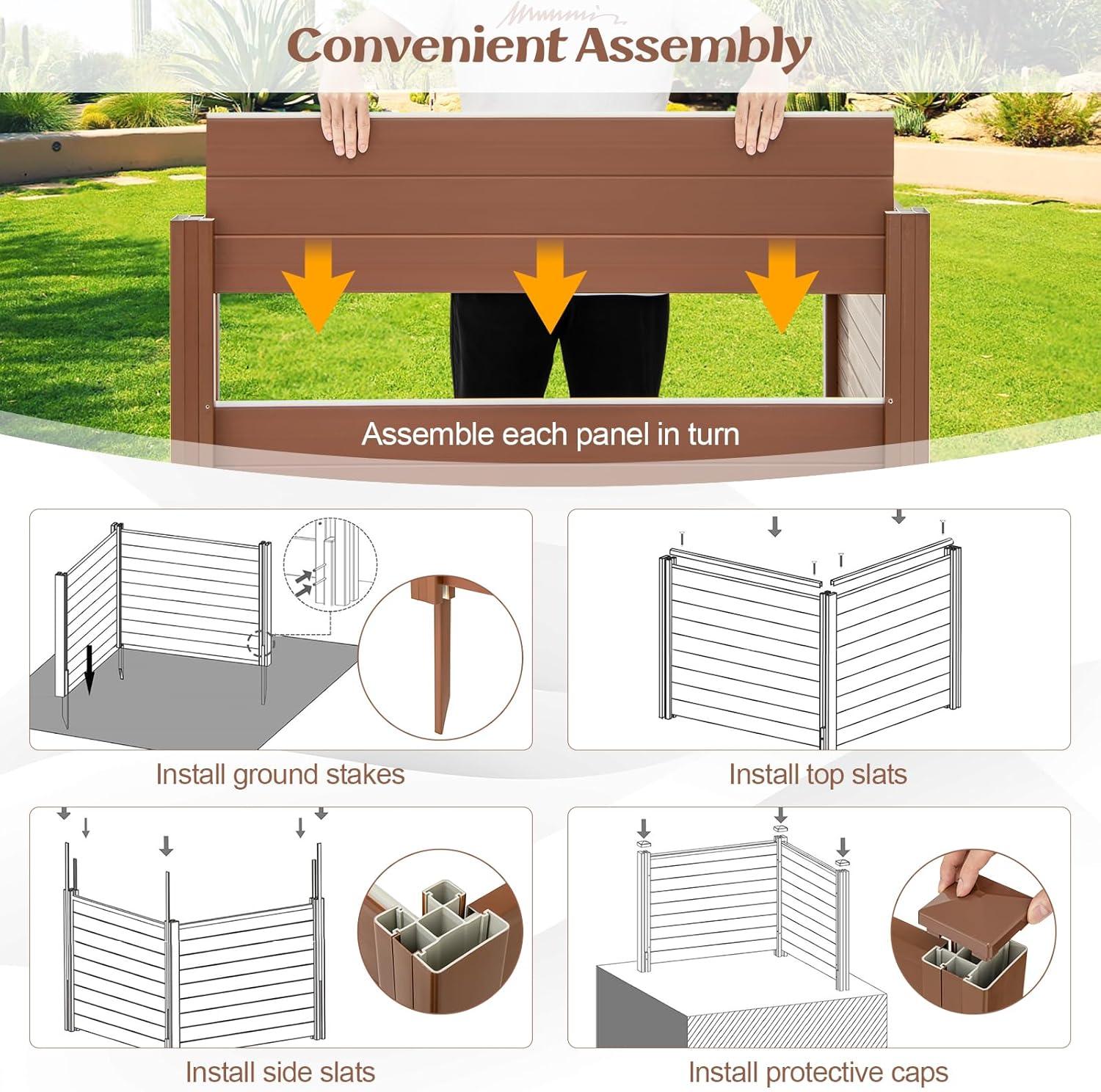 image:imageGiantex 3 Panels Air Conditioner Fence 48W x 36H Outdoor Privacy Screen with Metal Stakes NoDig Decorative Trash Can Enclosure PP Freestanding Fences for Garden Lawn AC Unit Pool Pump WhiteBrown