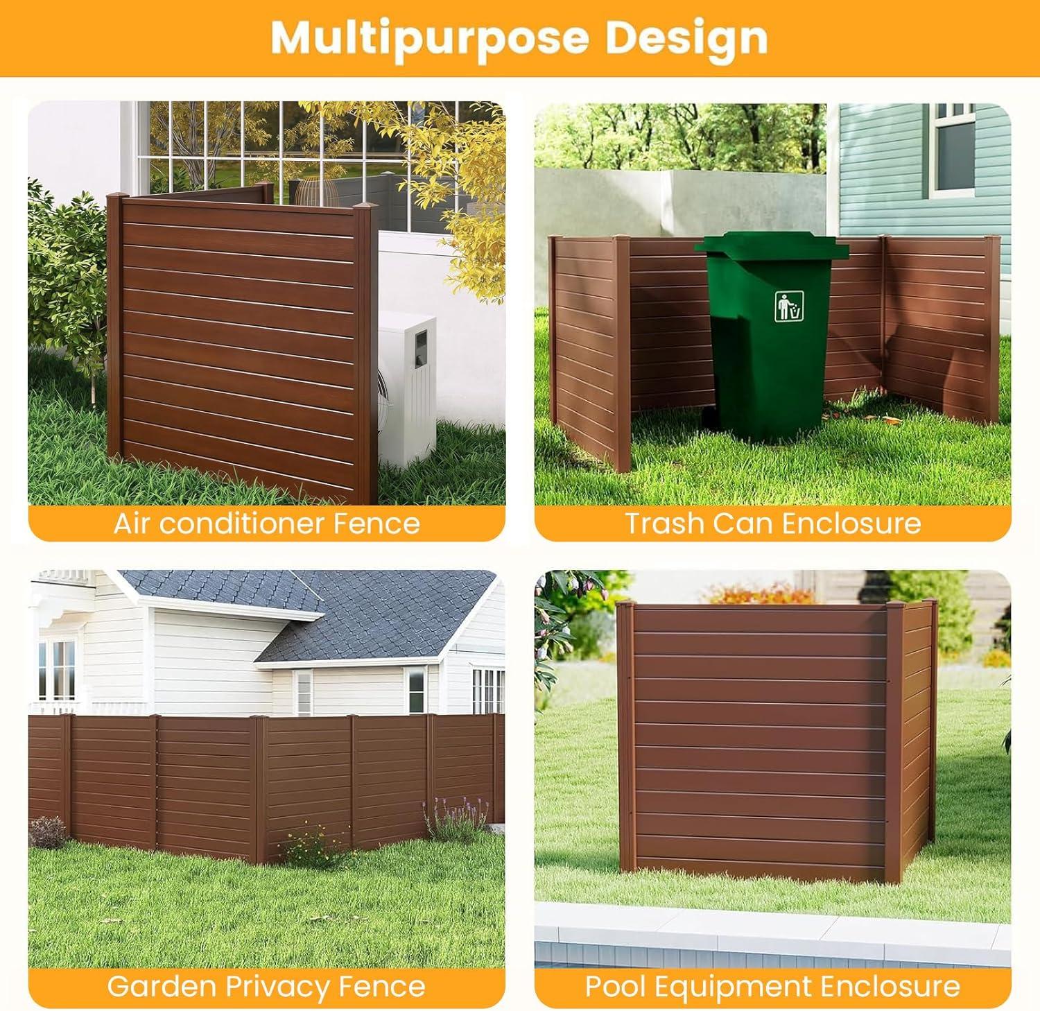 image:imageGiantex 3 Panels Air Conditioner Fence 48W x 36H Outdoor Privacy Screen with Metal Stakes NoDig Decorative Trash Can Enclosure PP Freestanding Fences for Garden Lawn AC Unit Pool Pump WhiteBrown