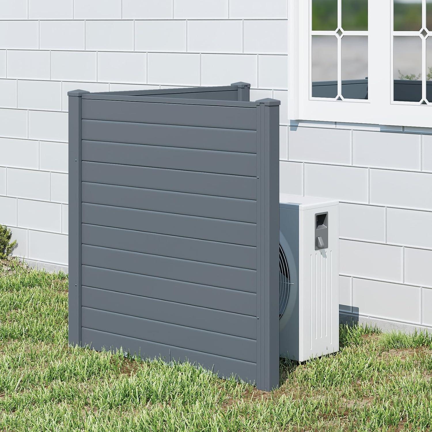 image:imageGiantex 3 Panels Air Conditioner Fence 48W x 36H Outdoor Privacy Screen with Metal Stakes NoDig Decorative Trash Can Enclosure PP Freestanding Fences for Garden Lawn AC Unit Pool Pump WhiteGray