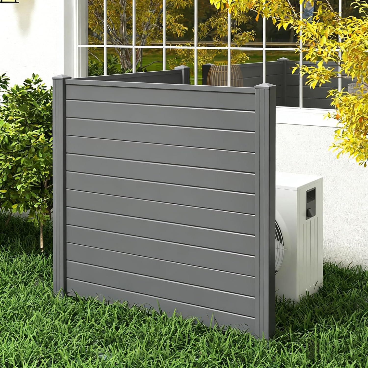image:imageGiantex 3 Panels Air Conditioner Fence 48W x 36H Outdoor Privacy Screen with Metal Stakes NoDig Decorative Trash Can Enclosure PP Freestanding Fences for Garden Lawn AC Unit Pool Pump WhiteGray