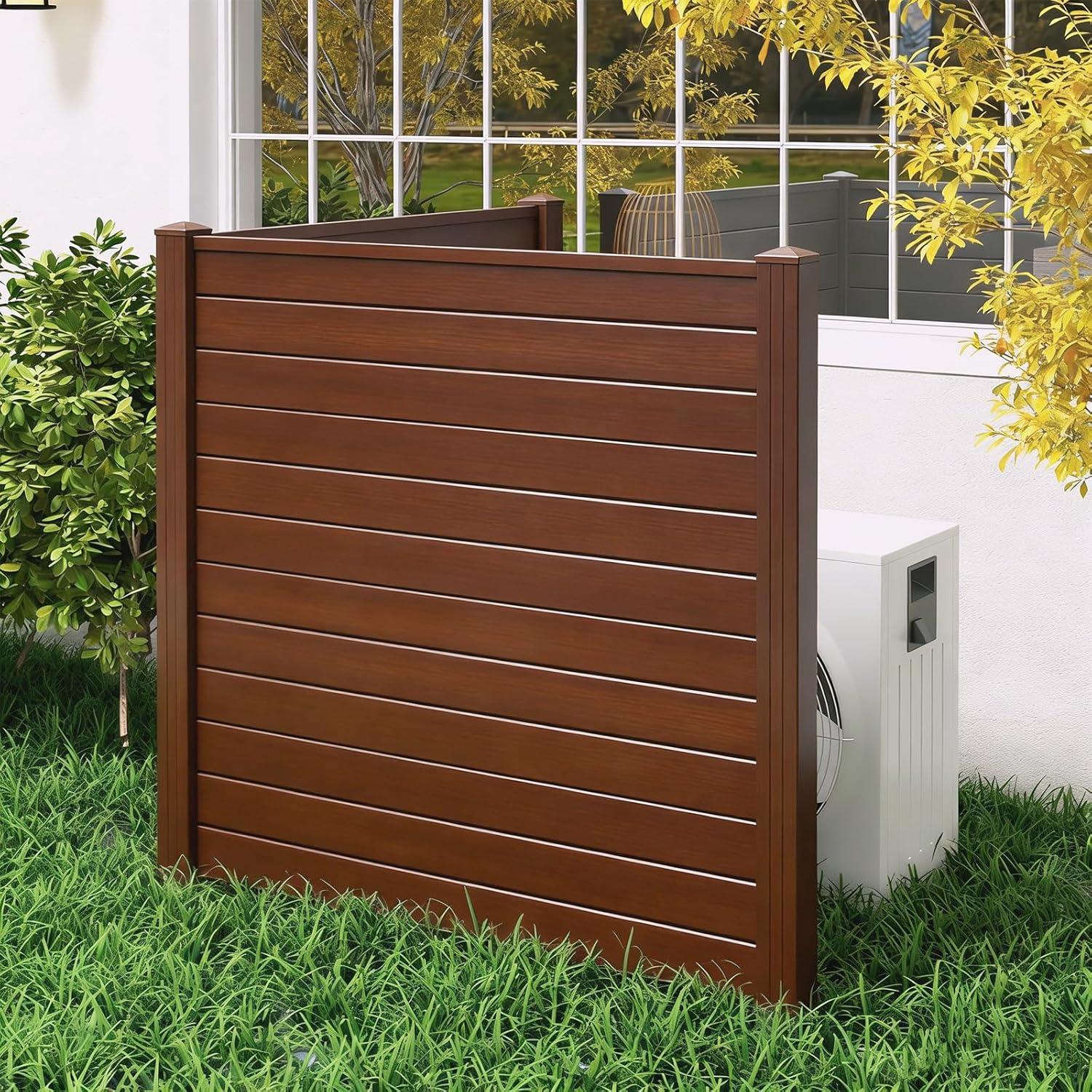 image:imageGiantex 3 Panels Air Conditioner Fence 48W x 36H Outdoor Privacy Screen with Metal Stakes NoDig Decorative Trash Can Enclosure PP Freestanding Fences for Garden Lawn AC Unit Pool Pump WhiteBrown