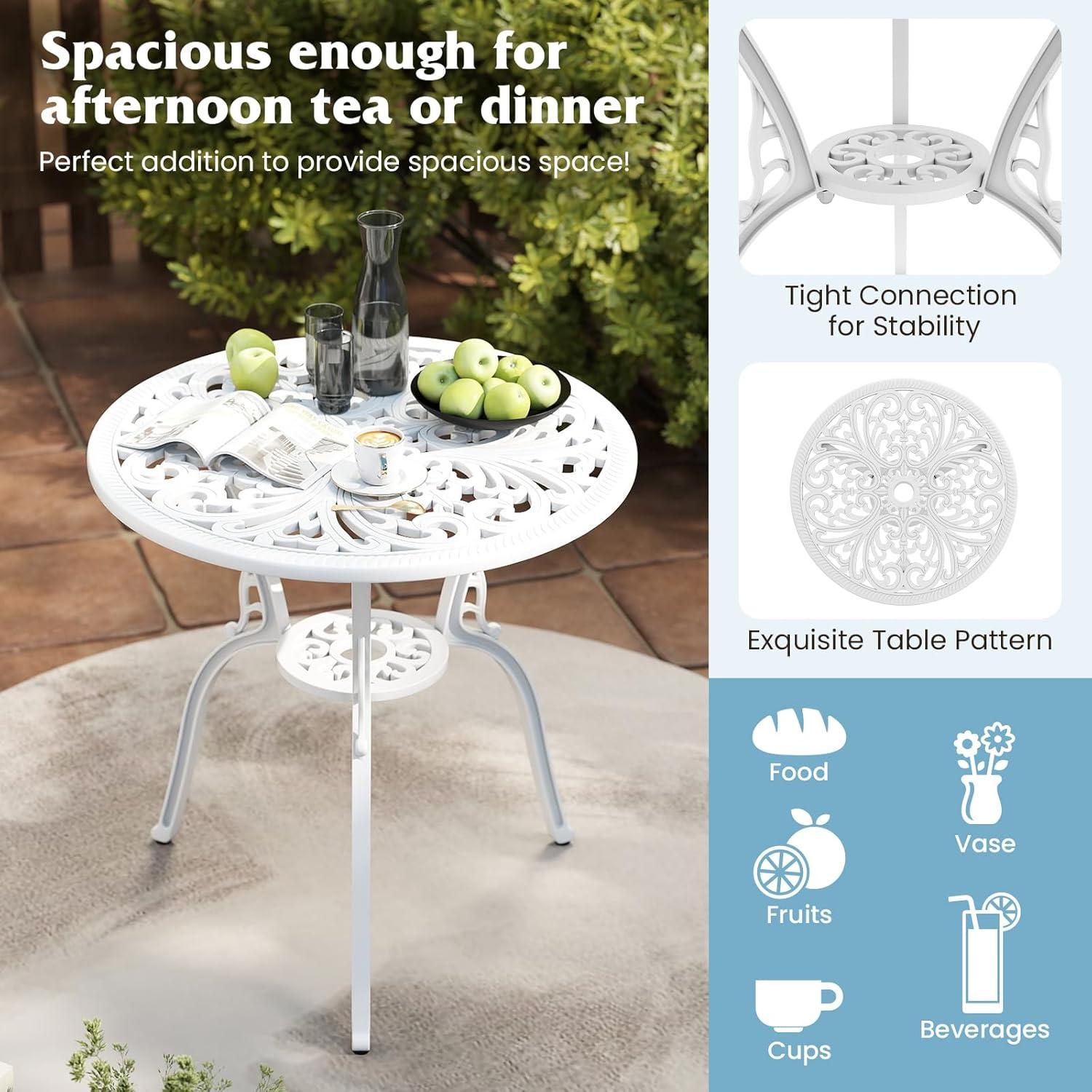image:imageGiantex 3 Piece Bistro Set Cast Aluminum Porch Furniture Outdoor Patio Dining Table and Chairs with Umbrella Hole for Balcony Backyard Garden Poolside White Rose PatternVintage Victorian