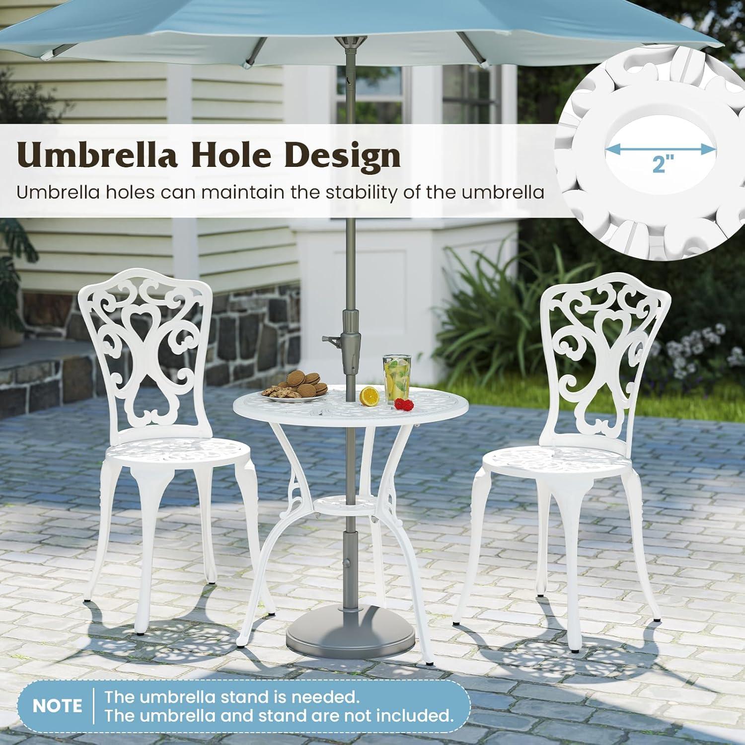 image:imageGiantex 3 Piece Bistro Set Cast Aluminum Porch Furniture Outdoor Patio Dining Table and Chairs with Umbrella Hole for Balcony Backyard Garden Poolside White Rose PatternVintage Victorian
