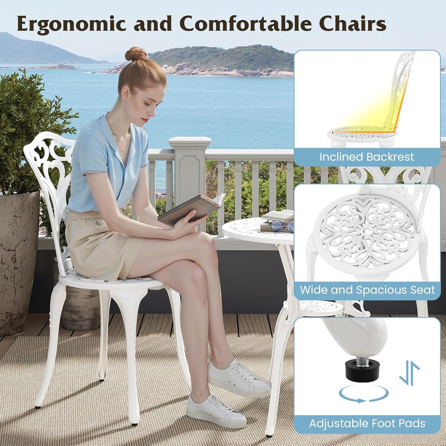 image:imageGiantex 3 Piece Bistro Set Cast Aluminum Porch Furniture Outdoor Patio Dining Table and Chairs with Umbrella Hole for Balcony Backyard Garden Poolside White Rose PatternVintage Victorian