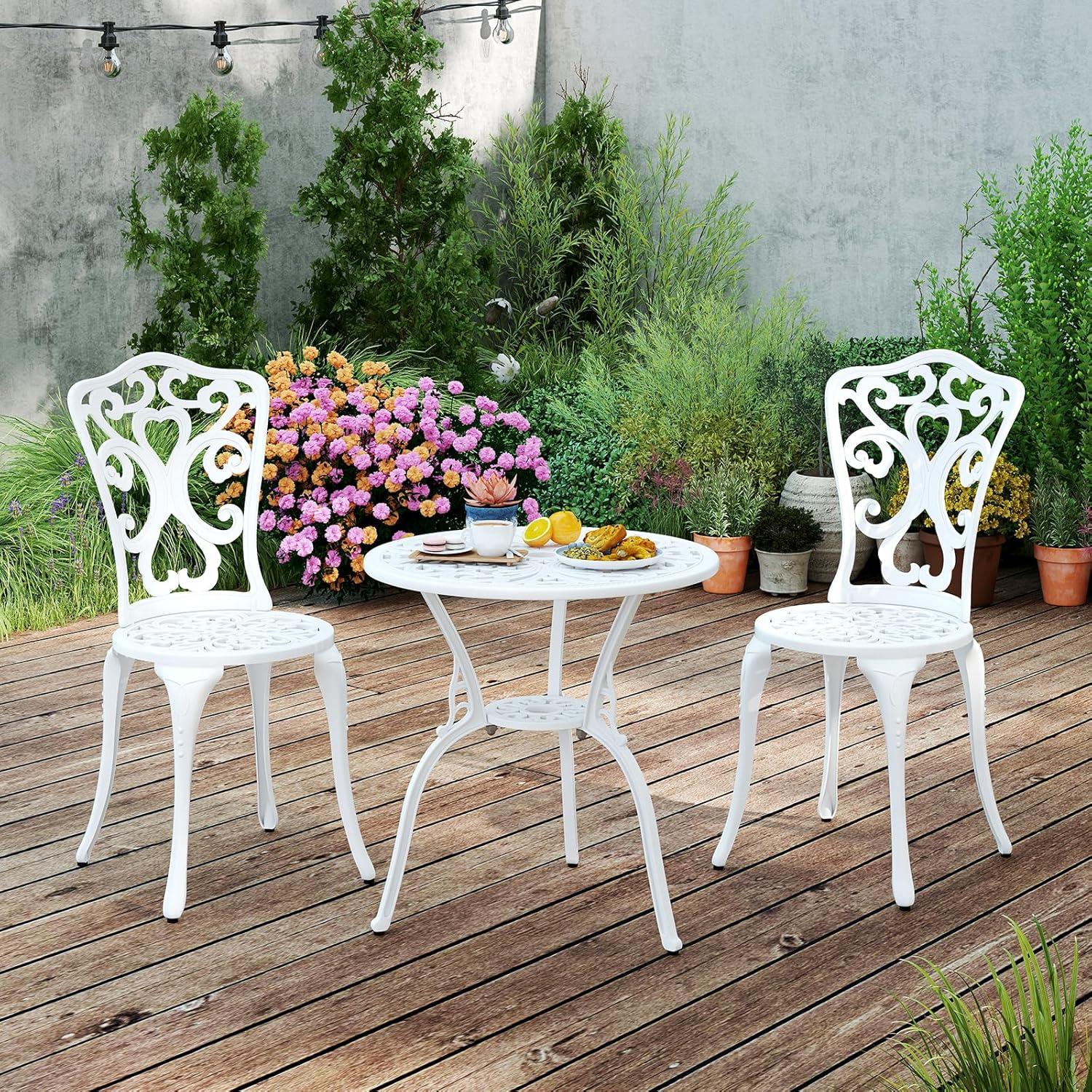 image:imageGiantex 3 Piece Bistro Set Cast Aluminum Porch Furniture Outdoor Patio Dining Table and Chairs with Umbrella Hole for Balcony Backyard Garden Poolside White Rose PatternVintage Victorian