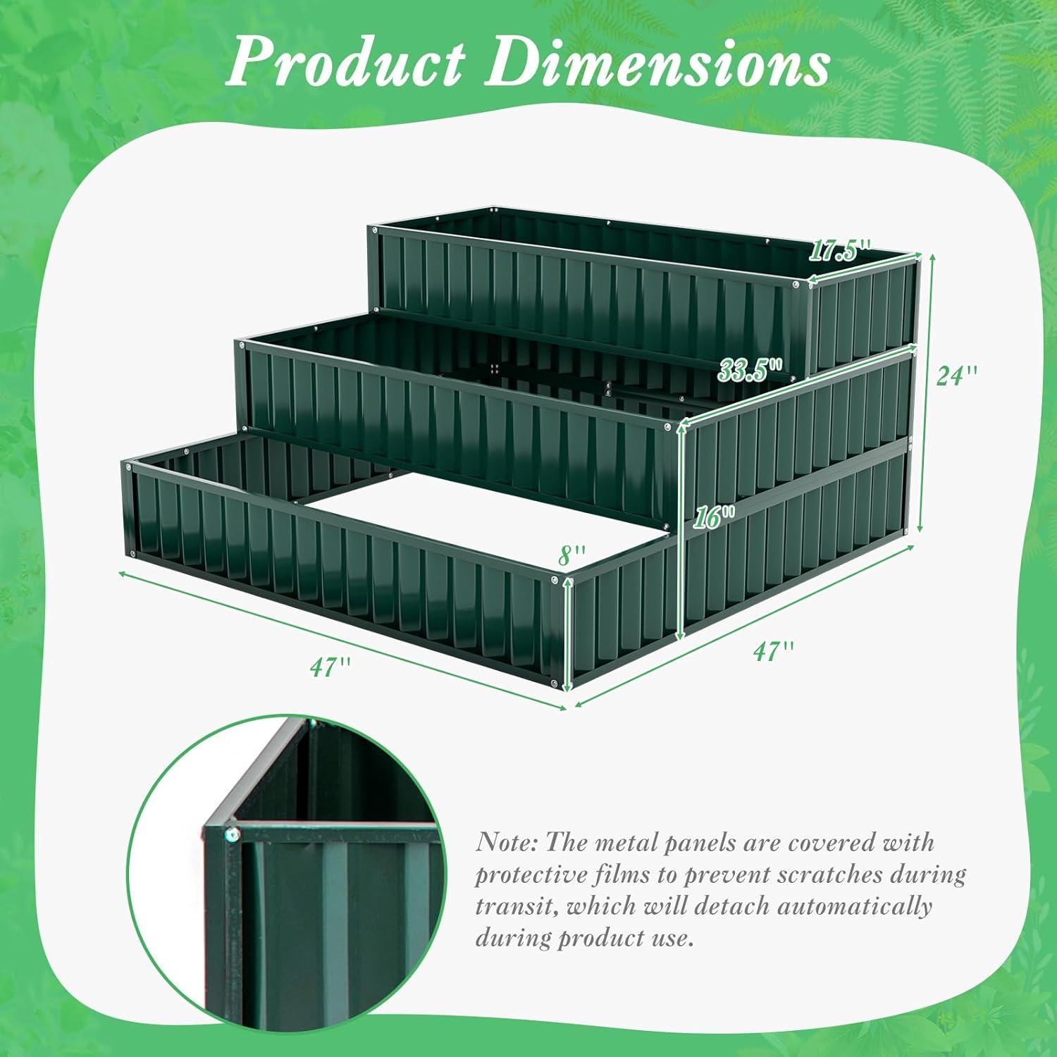 image:imageGiantex 3Tier Raised Garden Bed 47 x47x24 HeavyDuty Metal Outdoor Planter Box wOpenEnded Base Elevated Planter Box for Vegetable Fruit Flower Herb Patio Backyard Raised Bed Kit Green1Green