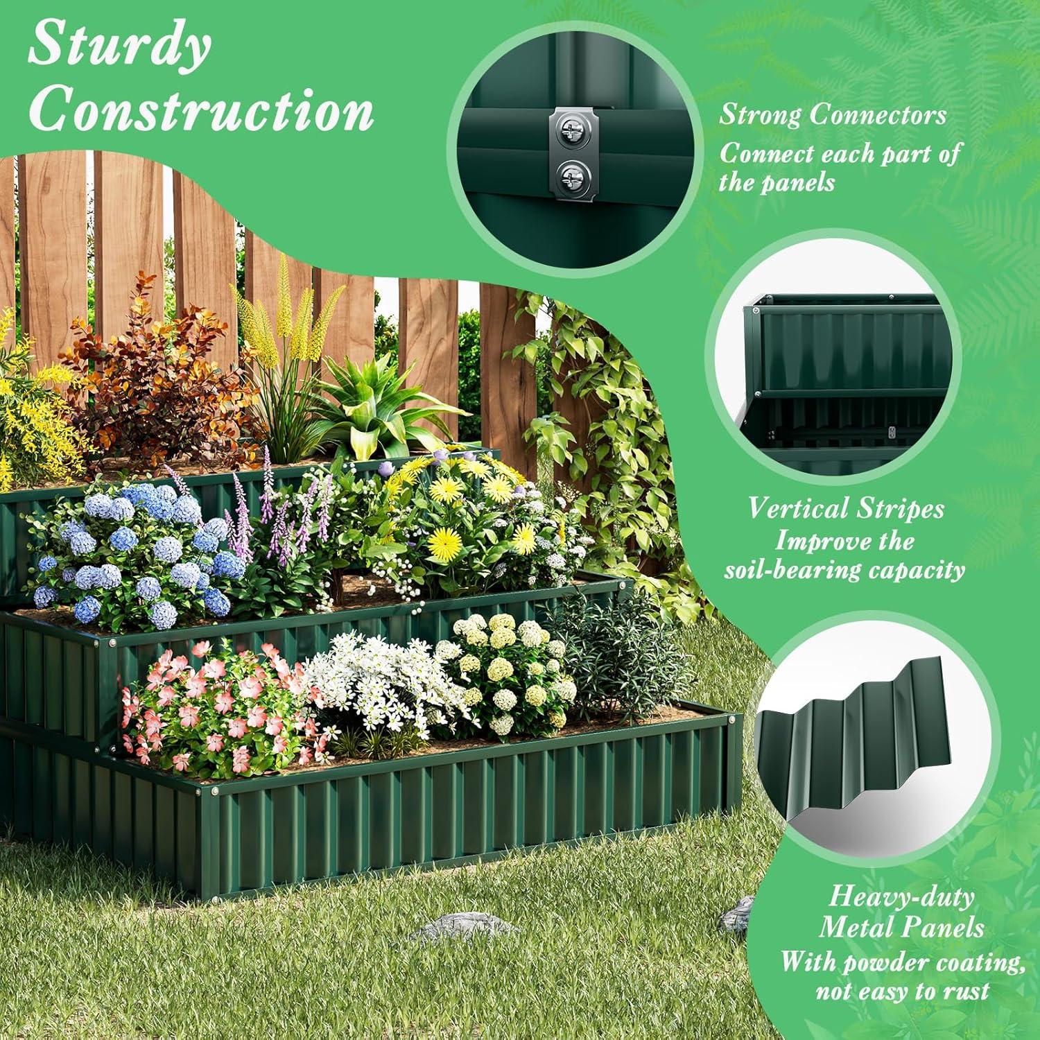 image:imageGiantex 3Tier Raised Garden Bed 47 x47x24 HeavyDuty Metal Outdoor Planter Box wOpenEnded Base Elevated Planter Box for Vegetable Fruit Flower Herb Patio Backyard Raised Bed Kit Green1Green
