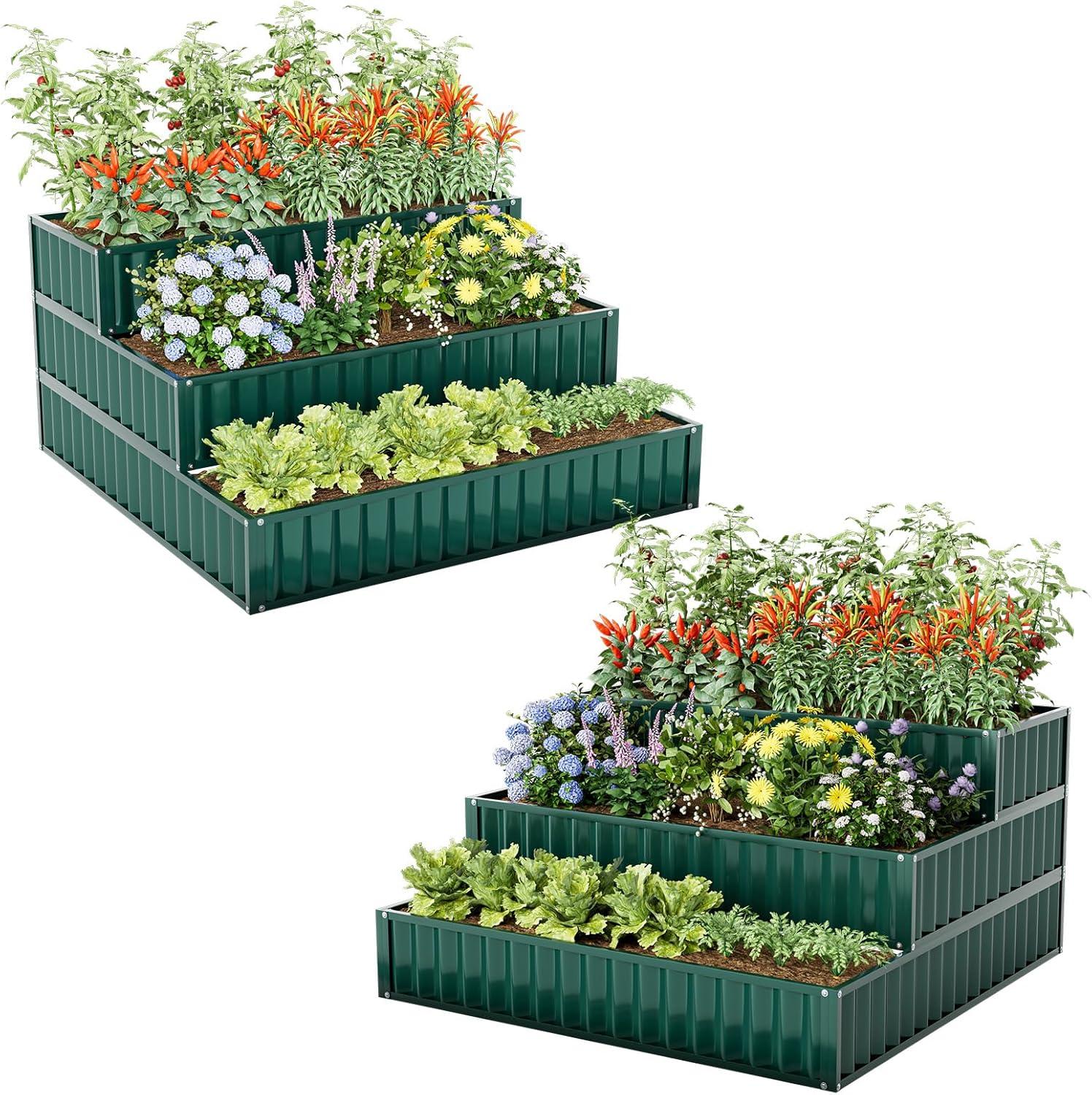 image:imageGiantex 3Tier Raised Garden Bed 47 x47x24 HeavyDuty Metal Outdoor Planter Box wOpenEnded Base Elevated Planter Box for Vegetable Fruit Flower Herb Patio Backyard Raised Bed Kit Green1Green