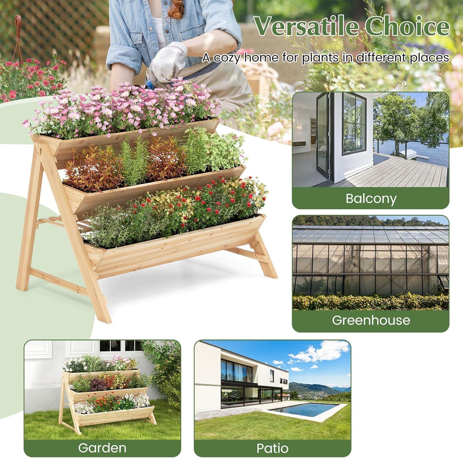 image:imageGiantex 3Tier Raised Garden Bed Wooden Vertical Planter Box with Storage Shelf 2 Hanging Hooks amp 3 Bed Liners AllWeather Freestanding Planter Elevated Raised Beds for Lawn Patio Natural