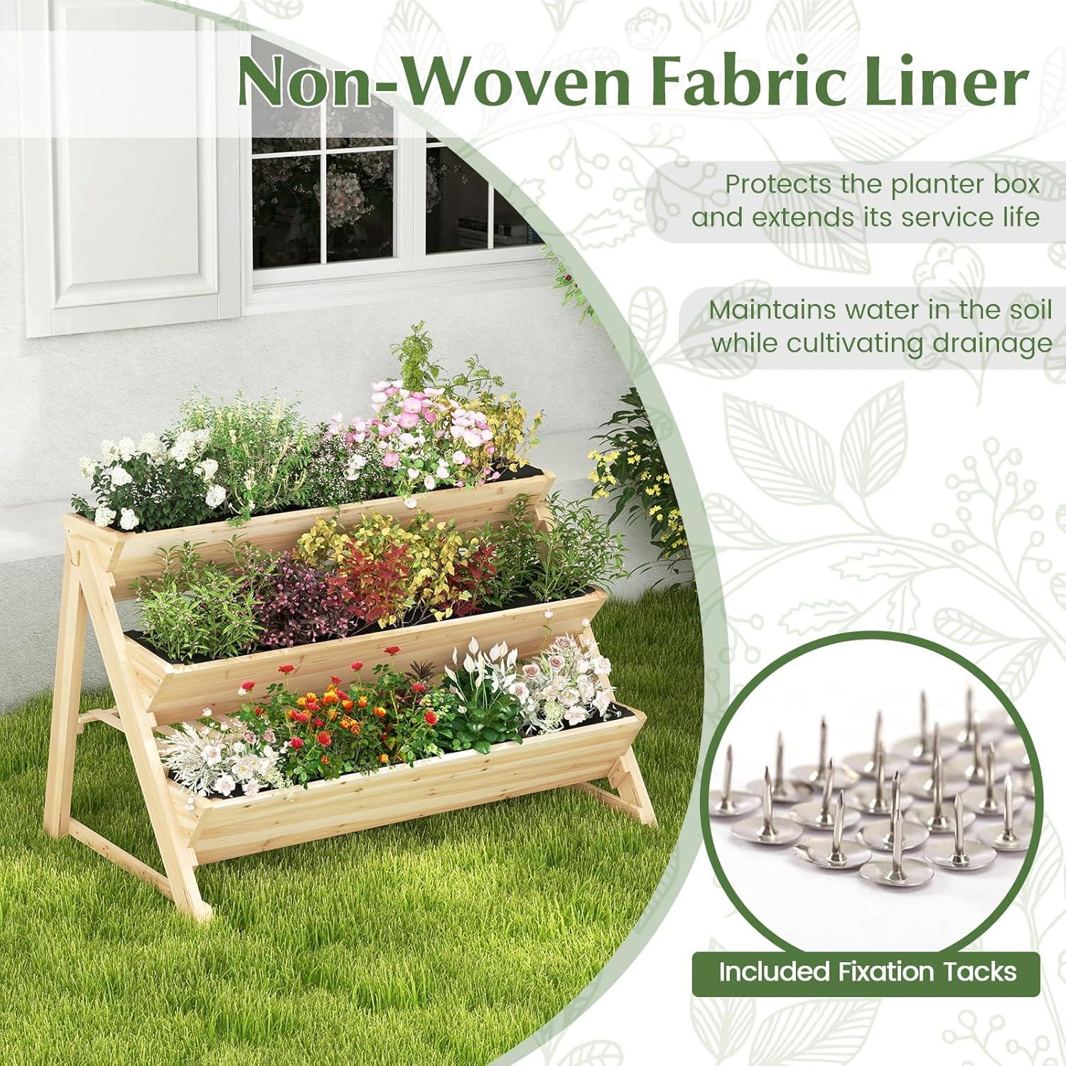 image:imageGiantex 3Tier Raised Garden Bed Wooden Vertical Planter Box with Storage Shelf 2 Hanging Hooks amp 3 Bed Liners AllWeather Freestanding Planter Elevated Raised Beds for Lawn Patio Natural