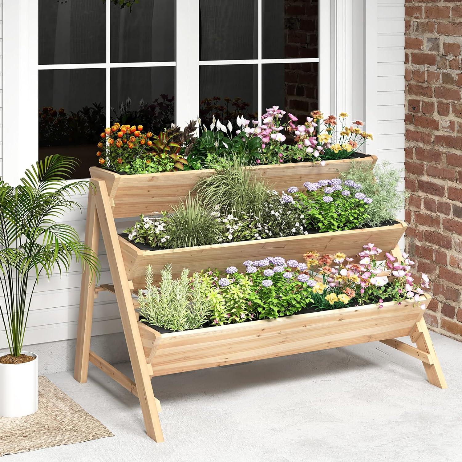 image:imageGiantex 3Tier Raised Garden Bed Wooden Vertical Planter Box with Storage Shelf 2 Hanging Hooks amp 3 Bed Liners AllWeather Freestanding Planter Elevated Raised Beds for Lawn Patio Natural