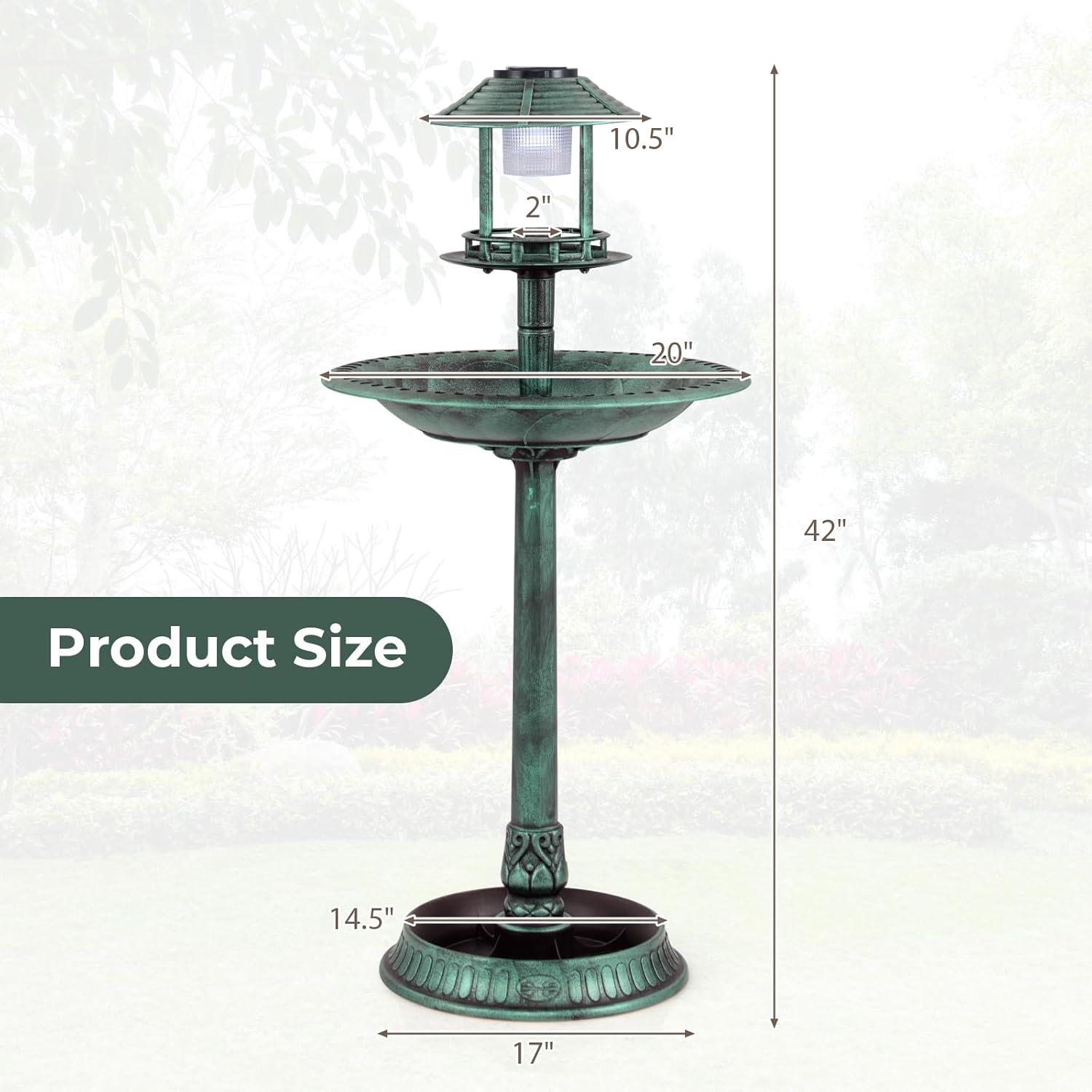image:imageGiantex 42 inch Bird Bath Solar Lighted Pedestal Bird Bath with Bird Feeder Flower Planter Base Solar Powered Lamp 3 Ground Stakes Standing Birdbath for Outside Garden Yard Outdoor BronzeGreen
