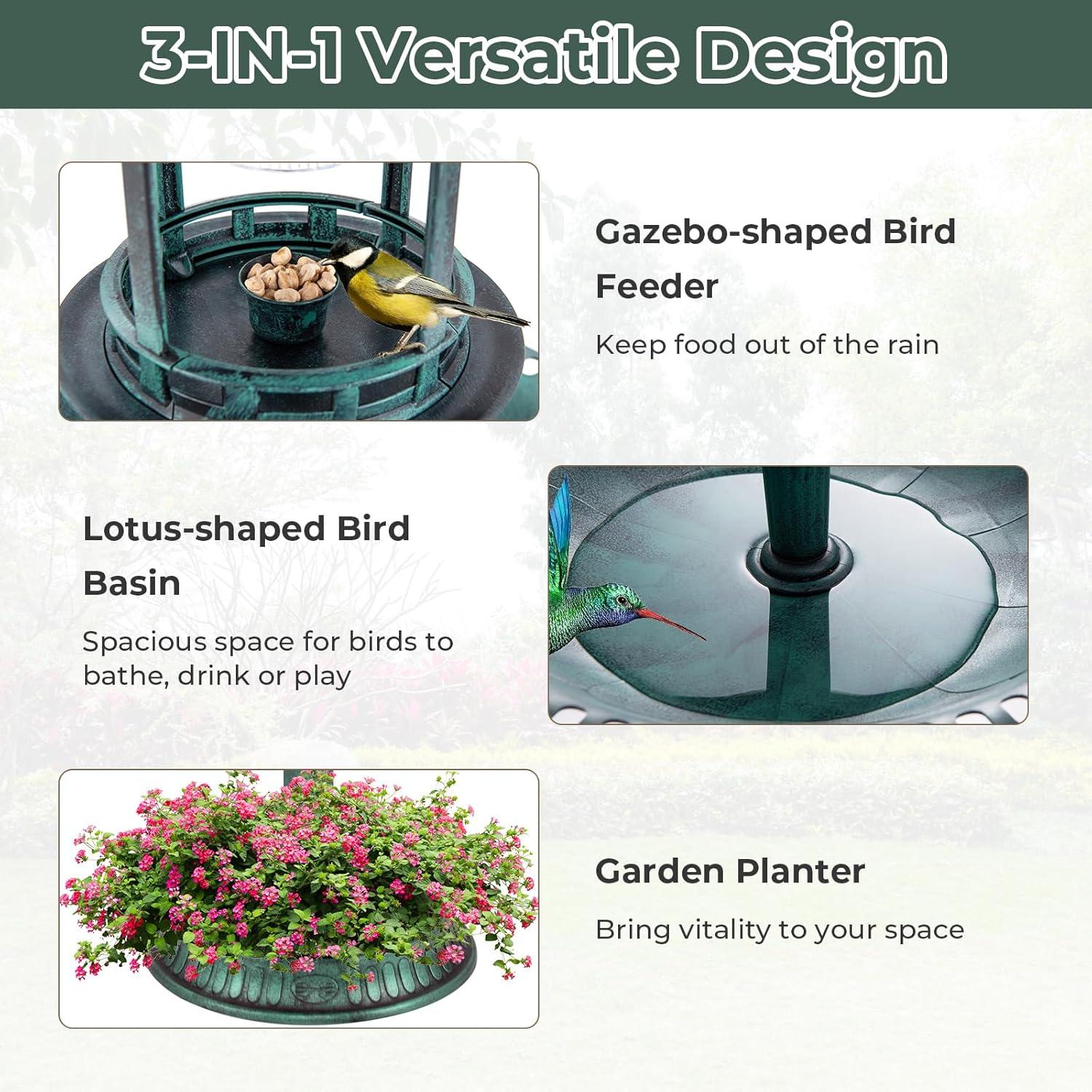 image:imageGiantex 42 inch Bird Bath Solar Lighted Pedestal Bird Bath with Bird Feeder Flower Planter Base Solar Powered Lamp 3 Ground Stakes Standing Birdbath for Outside Garden Yard Outdoor BronzeGreen