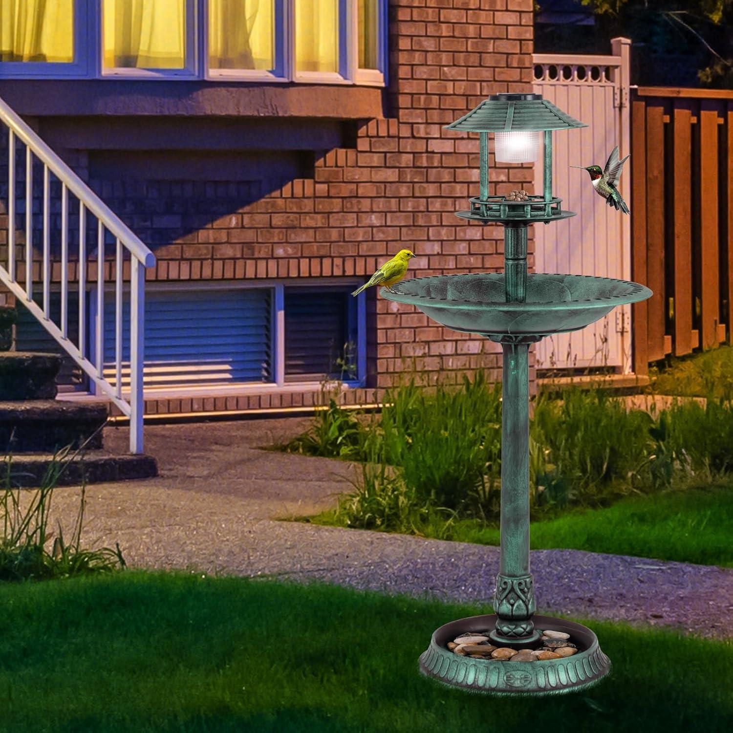 image:imageGiantex 42 inch Bird Bath Solar Lighted Pedestal Bird Bath with Bird Feeder Flower Planter Base Solar Powered Lamp 3 Ground Stakes Standing Birdbath for Outside Garden Yard Outdoor BronzeGreen