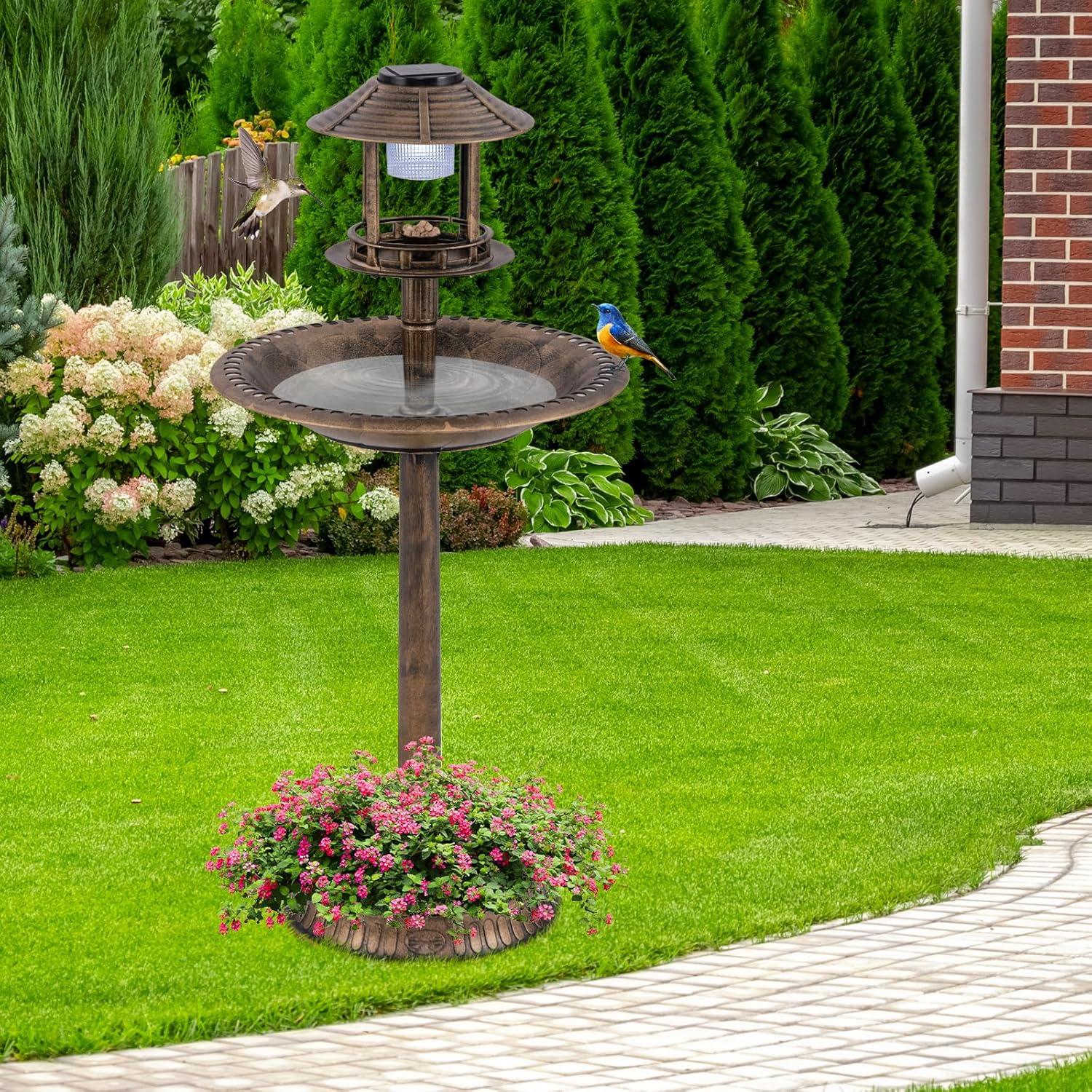 image:imageGiantex 42 inch Bird Bath Solar Lighted Pedestal Bird Bath with Bird Feeder Flower Planter Base Solar Powered Lamp 3 Ground Stakes Standing Birdbath for Outside Garden Yard Outdoor BronzeBronze