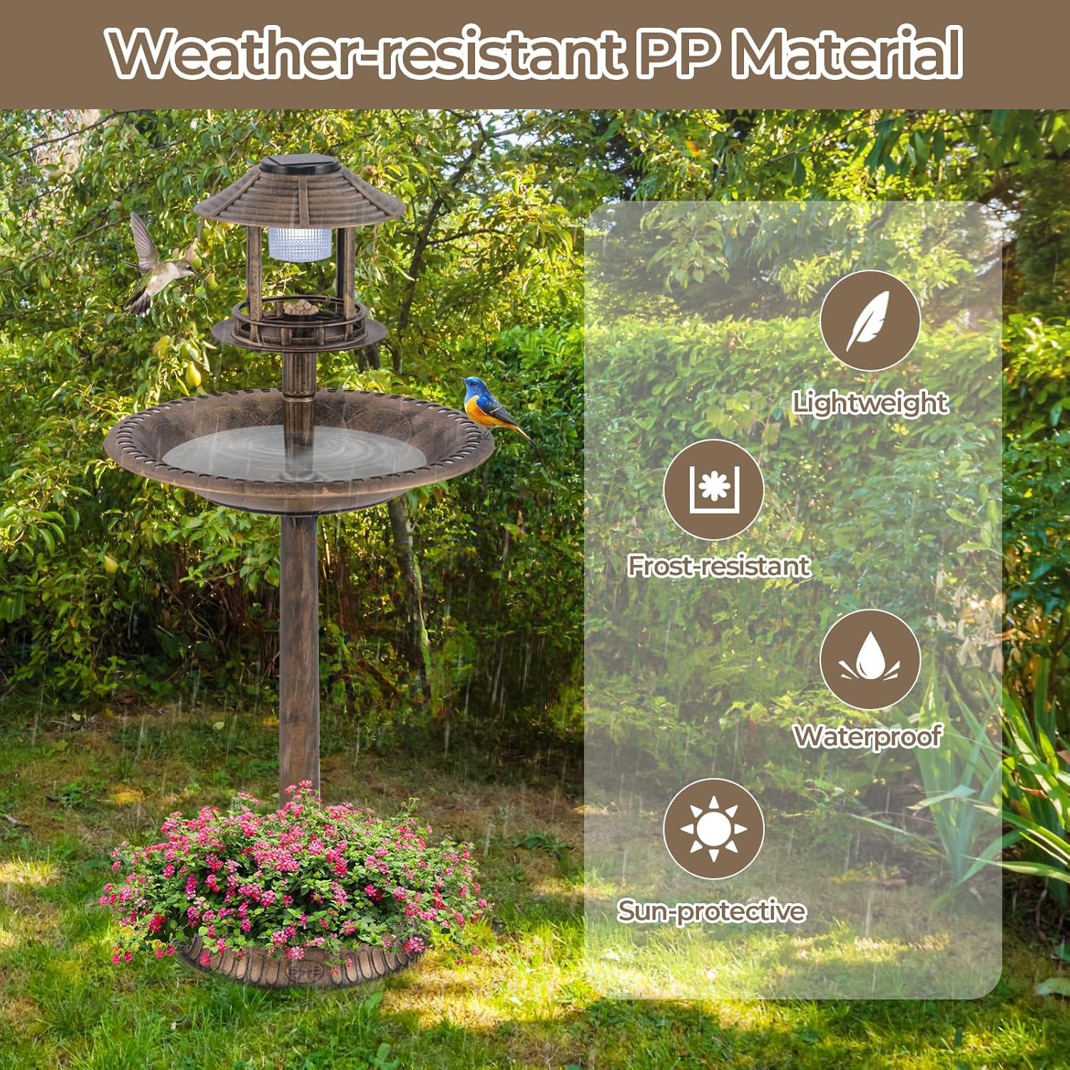 image:imageGiantex 42 inch Bird Bath Solar Lighted Pedestal Bird Bath with Bird Feeder Flower Planter Base Solar Powered Lamp 3 Ground Stakes Standing Birdbath for Outside Garden Yard Outdoor BronzeBronze