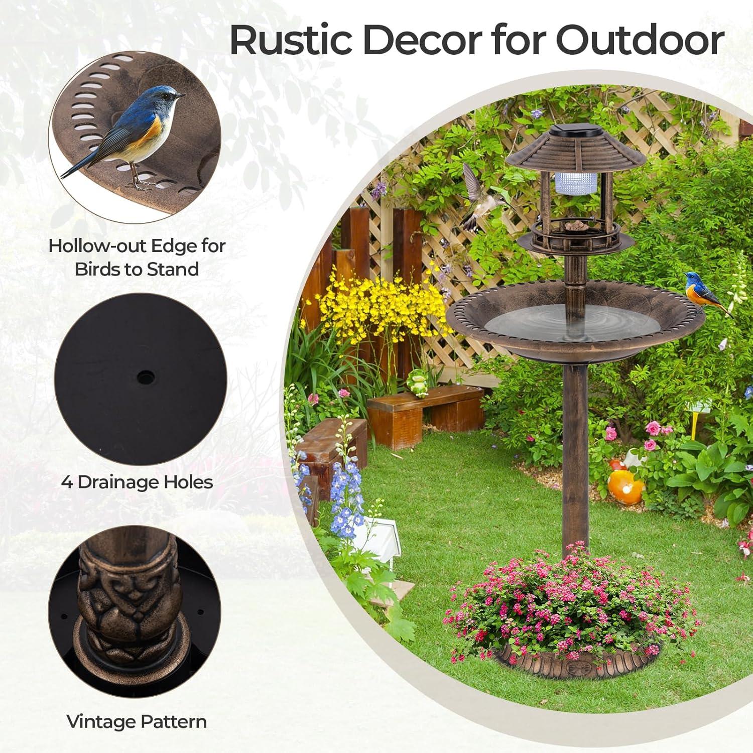 image:imageGiantex 42 inch Bird Bath Solar Lighted Pedestal Bird Bath with Bird Feeder Flower Planter Base Solar Powered Lamp 3 Ground Stakes Standing Birdbath for Outside Garden Yard Outdoor BronzeBronze