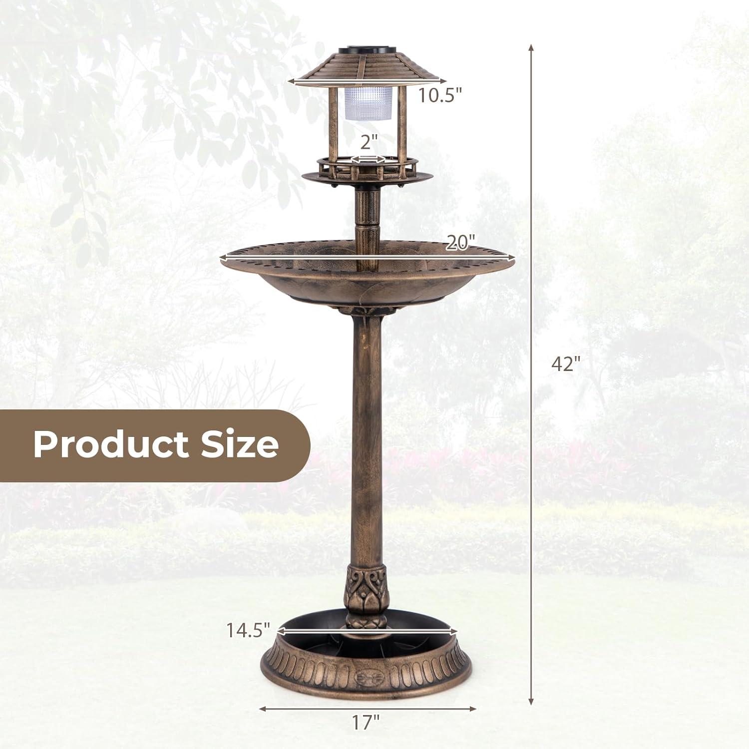 image:imageGiantex 42 inch Bird Bath Solar Lighted Pedestal Bird Bath with Bird Feeder Flower Planter Base Solar Powered Lamp 3 Ground Stakes Standing Birdbath for Outside Garden Yard Outdoor BronzeBronze